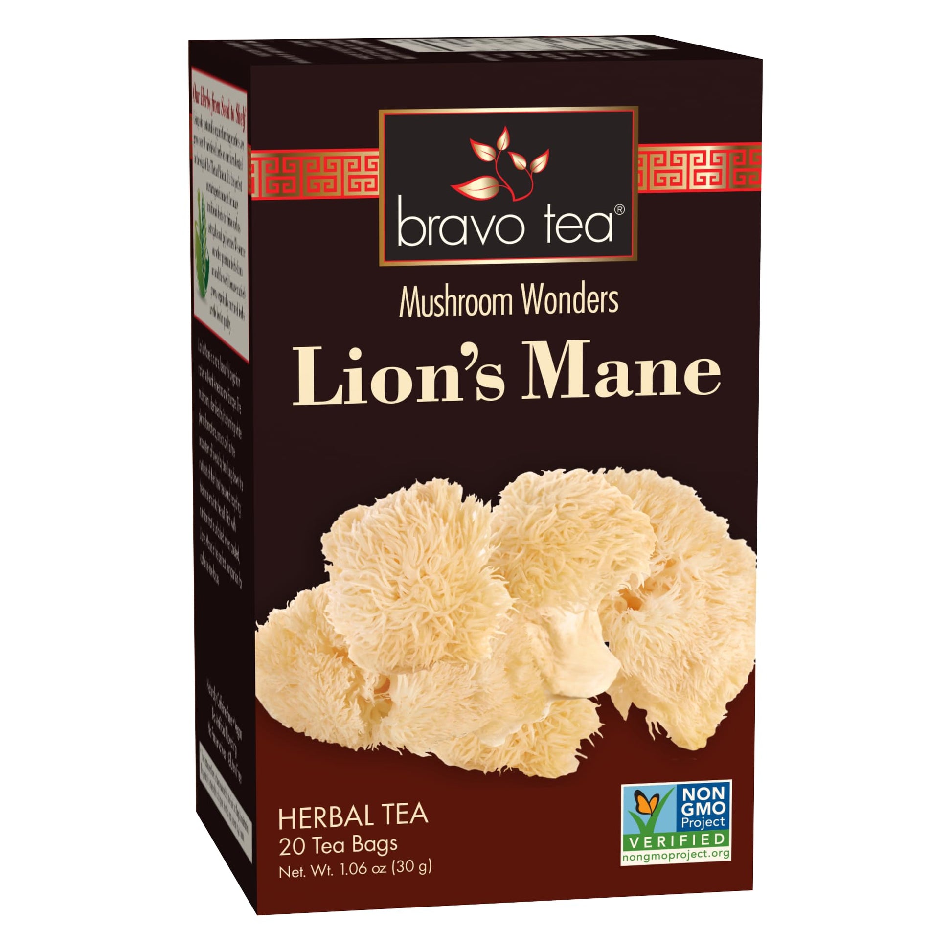 Bravo Tea Lions Mane Mushroom Herbal Tea, Caffeine Free, 20 Tea Bags, 1.06 Ounce