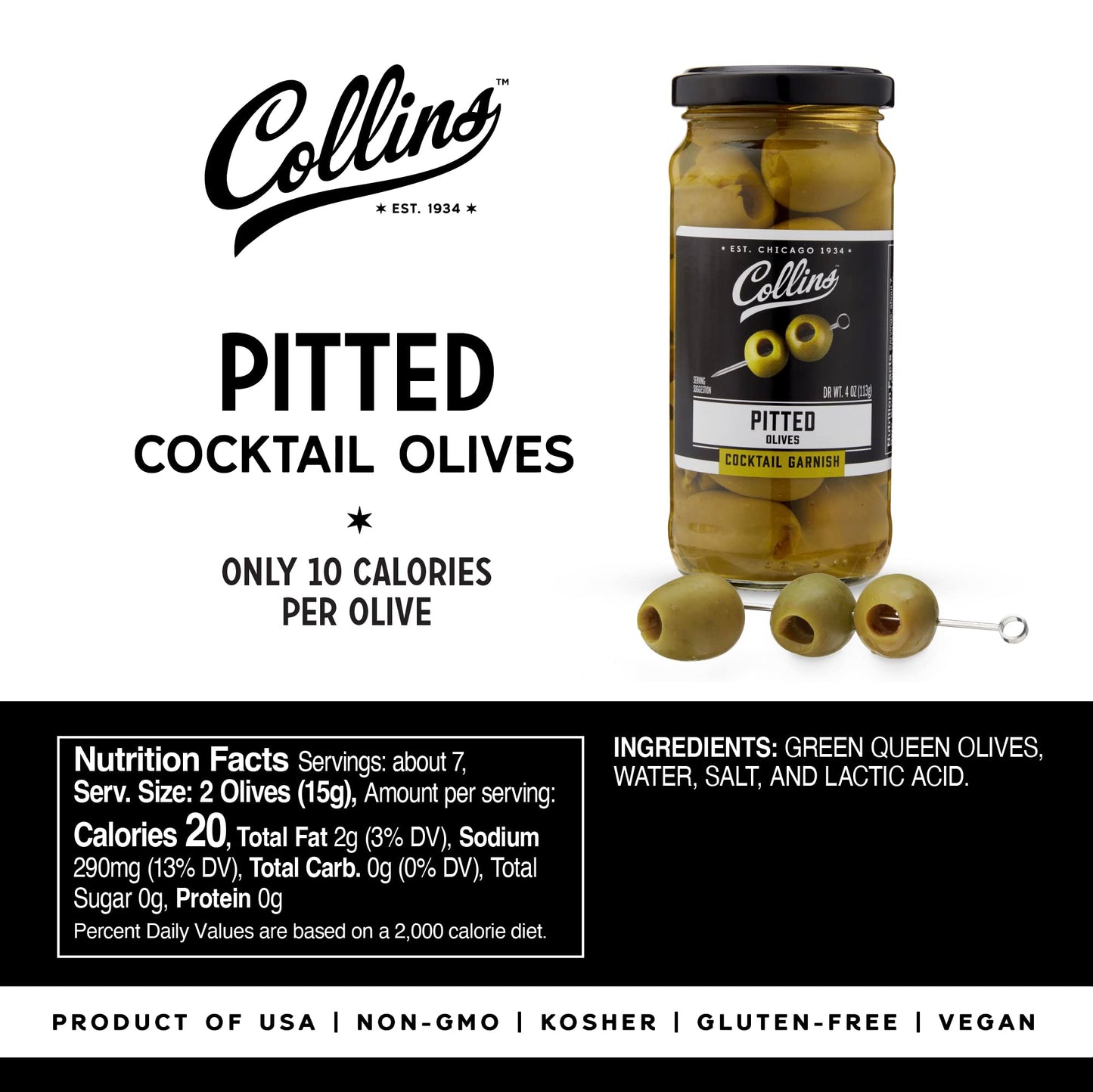 Collins Pitted Olives - Popular Garnish for Cocktails and Snacks, 4oz, Black, Model O255