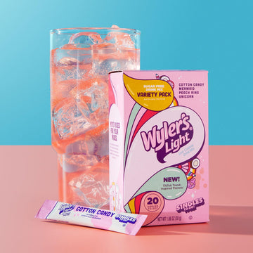 Wylers Light Singles to Go Powder Packets, Variety Pack, 20 Count, Sugar & Caffeine Free, Cotton Candy, Peach Ring, Unicorn, Mermaid