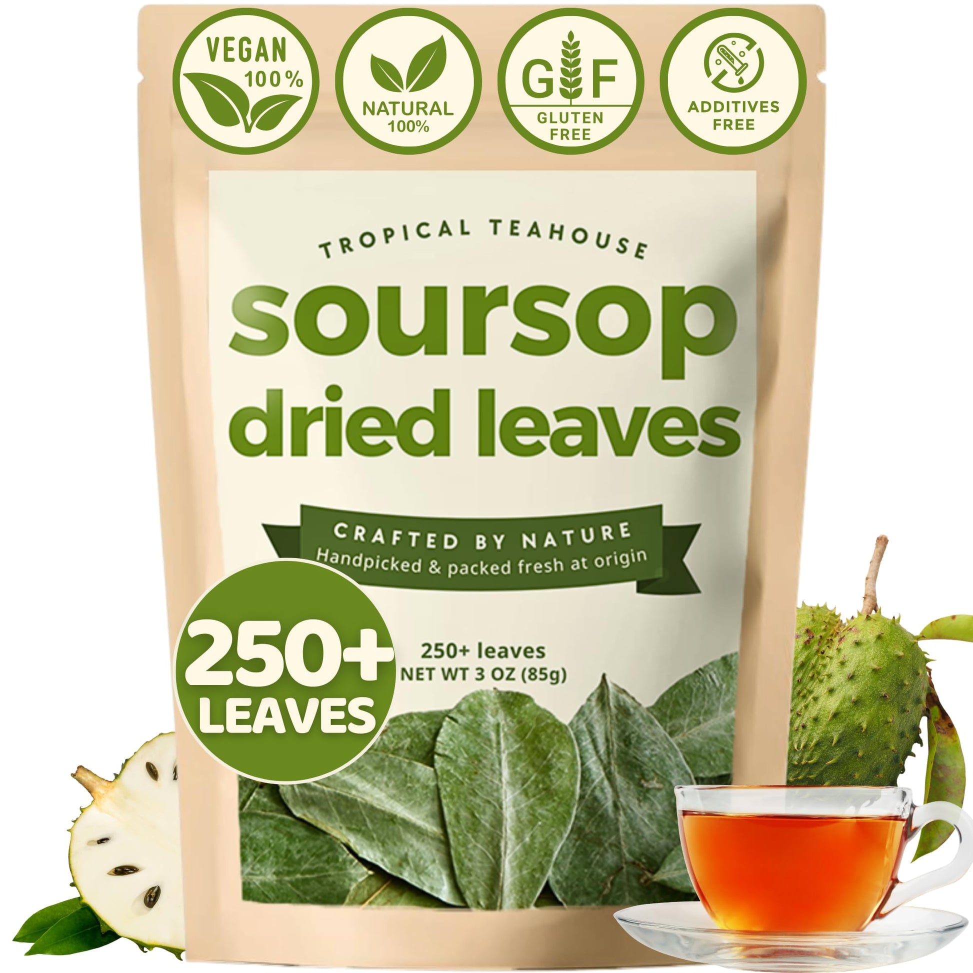 Tropical Teahouse 250+ Soursop Dried Leaves, 3Oz Enhanced Graviola Leaves, 100% Pure Guanabana Leaves, Handpicked, Gluten Free, Caffeine Free, Sugar-Free