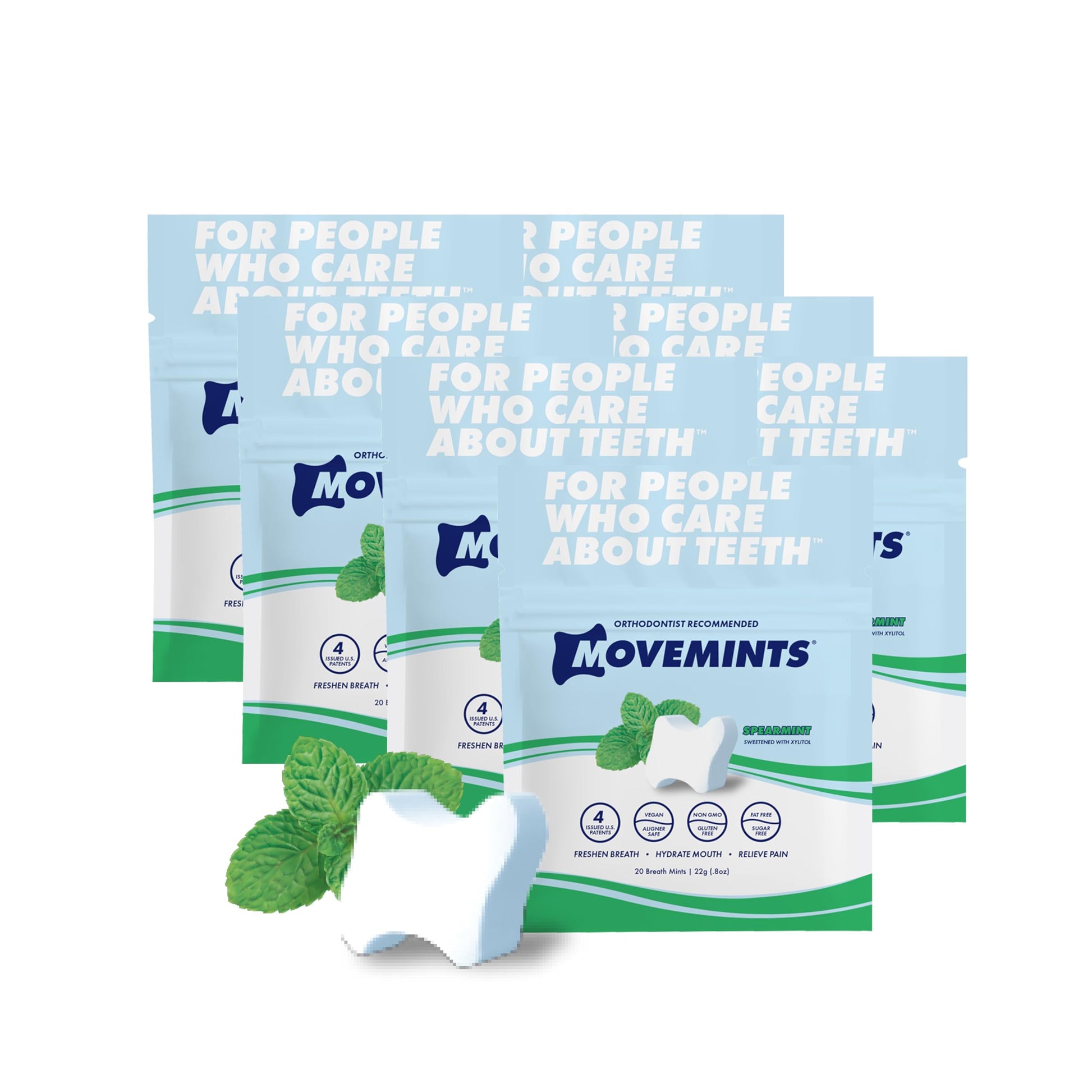 Movemints Clear Aligner Mints - Patented, Edible Alternative To Chewies - Freshen Breath And Improve Dry Mouth With Xylitol - Spearmint (7 Pack)