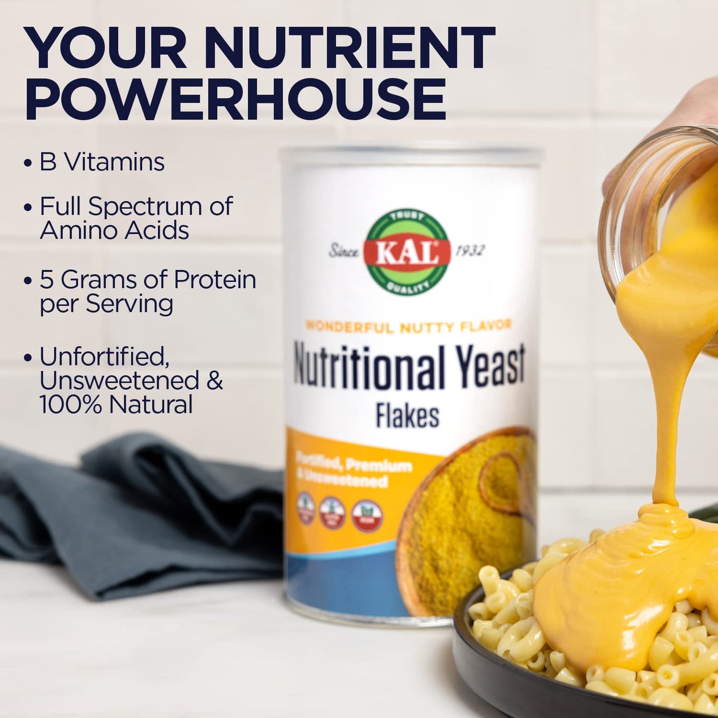Kal Imported Nutritional Yeast Flakes, Unfortified & Unsweetened Fine Flakes, 100% Natural Source Of Amino Acids & B Vitamins, Great Nutty Flavor, Non-Gmo & Vegan, Approximately 22 Servings, 7.8Oz