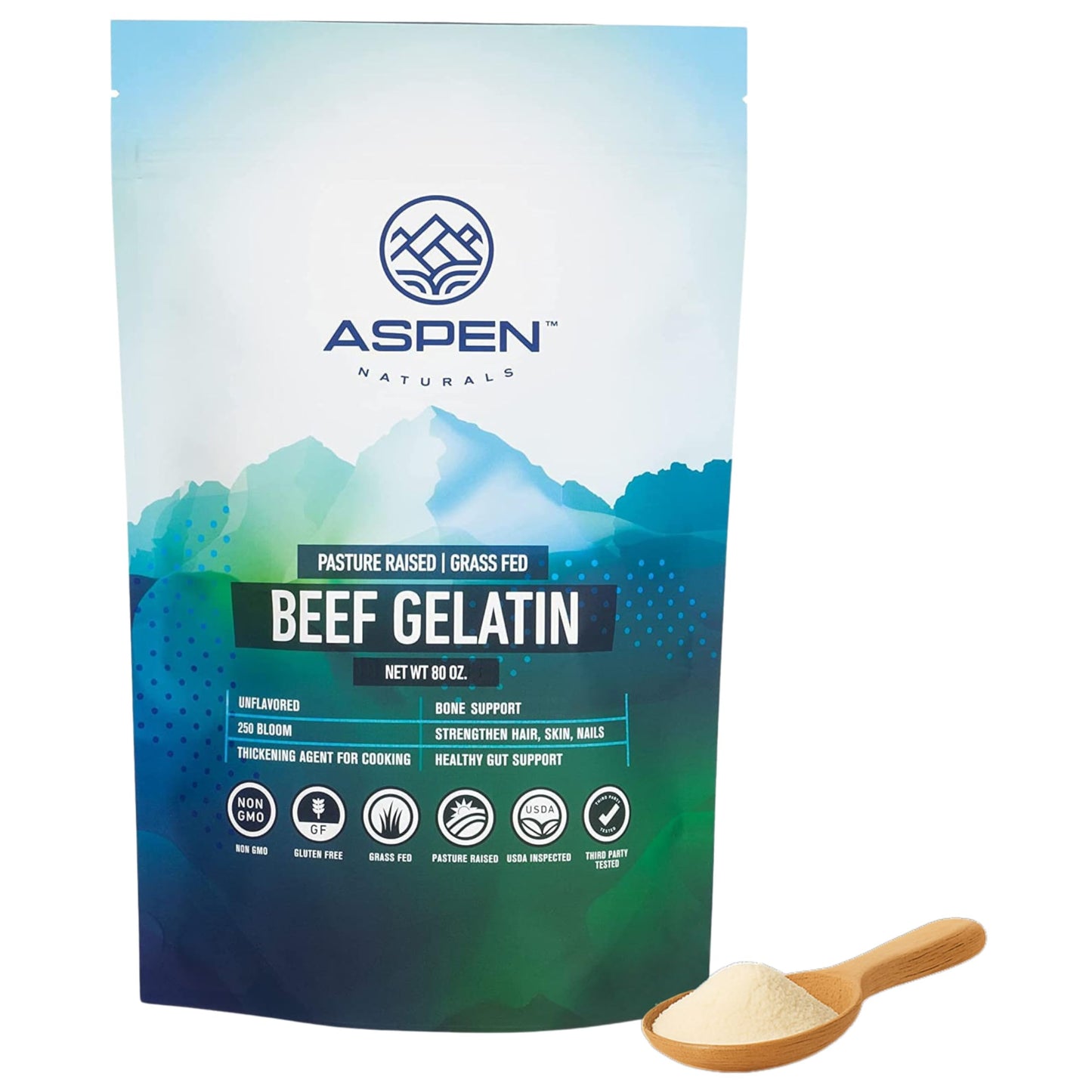 ASPEN NATURALS Beef Gelatin Powder Unflavored 5 Lb - Grass Fed Gelatin, Pasture Raised | Healthy Hair, Skin & Nails | Gut Suppor