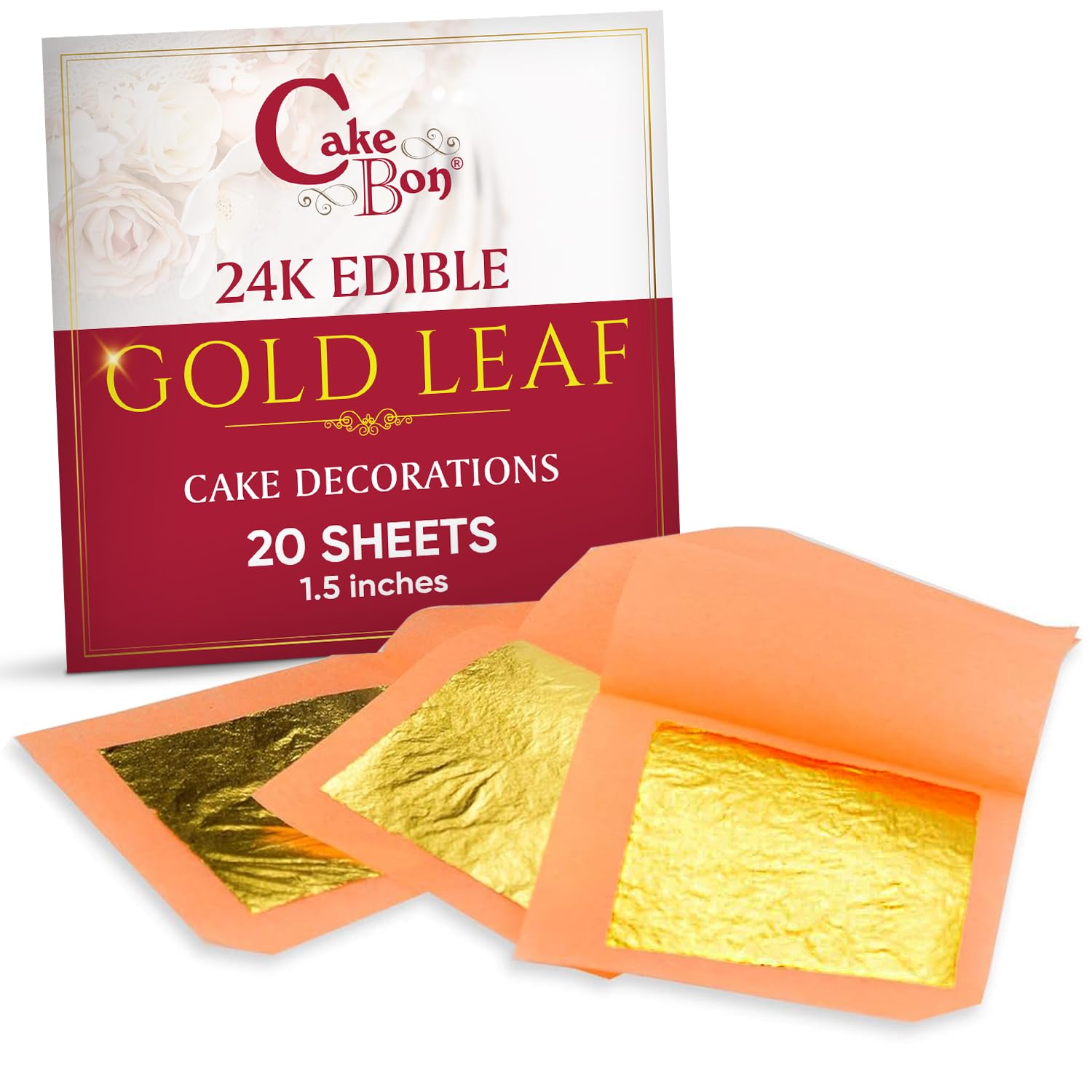 Edible Gold Leaf 24K by Cakebon - Cake Decorations, Loose Gold Leaf Sheets - 1.5 inches, 20 Gold Foil Sheets