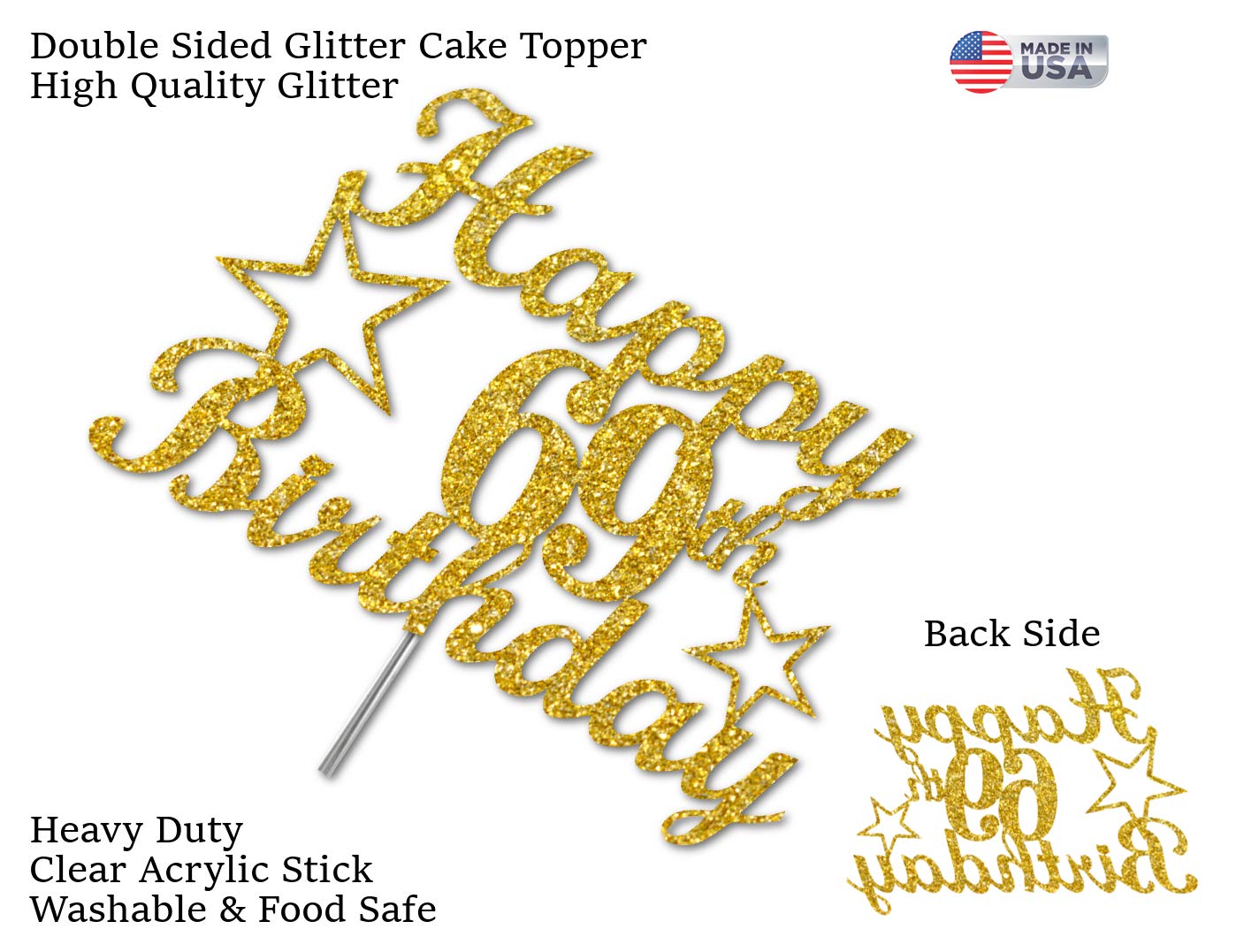 69 Birthday Cake Topper Gold Glitter, Party Decoration Ideas, Premium Quality, Sturdy Doubled Sided Glitter, Acrylic Stick. Made