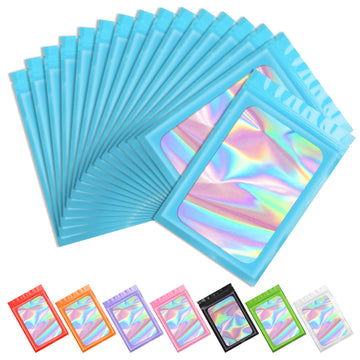 Funfery 100 Pcs Blue Mylar Holographic Bags Packaging Bags,Clear Sealing Resealable Smell Proof Bags Foil Pouch Ziplock Bags For