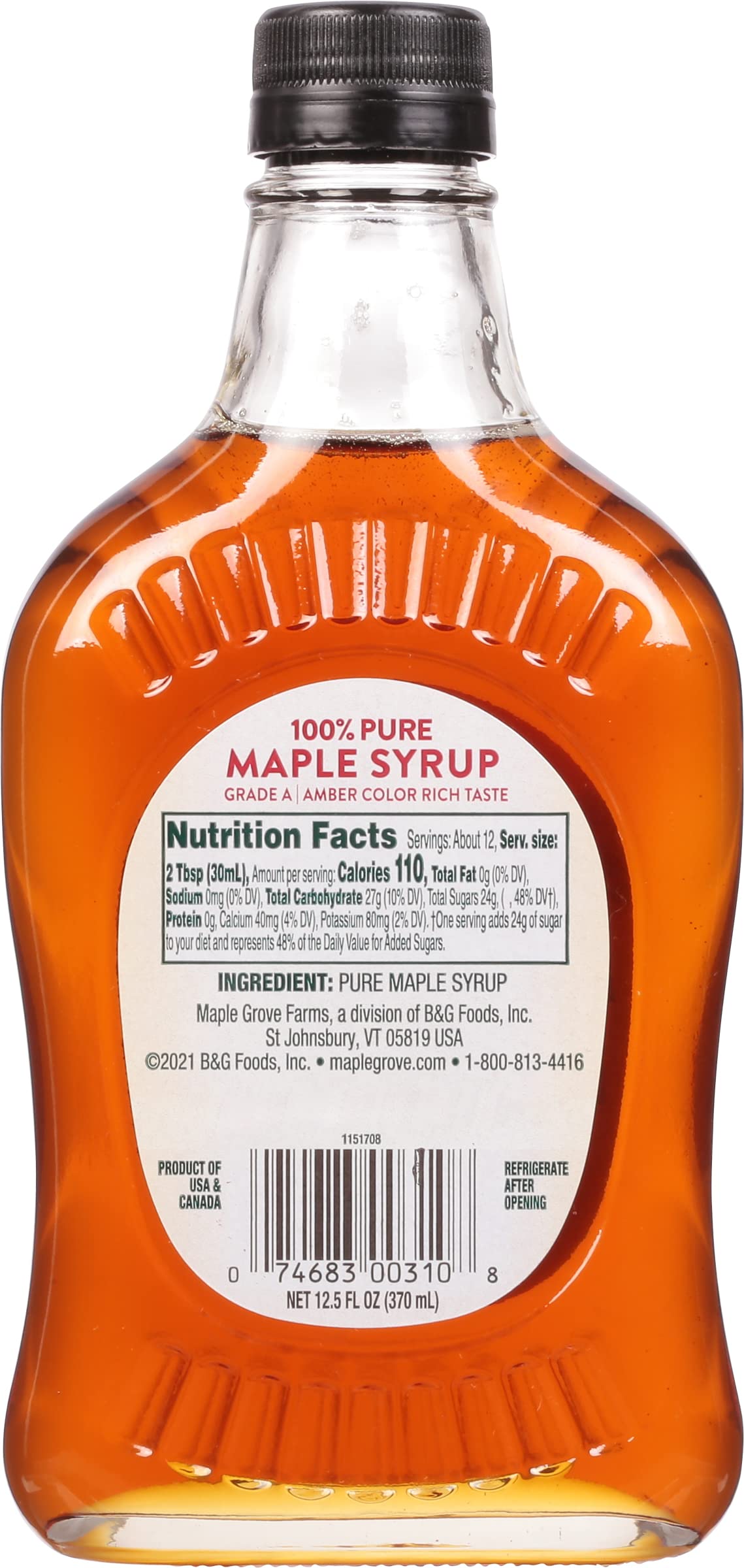 Maple Grove Farms Pure Maple Syrup, 12.5 Fl Oz, Pack of 1, Model 57122310