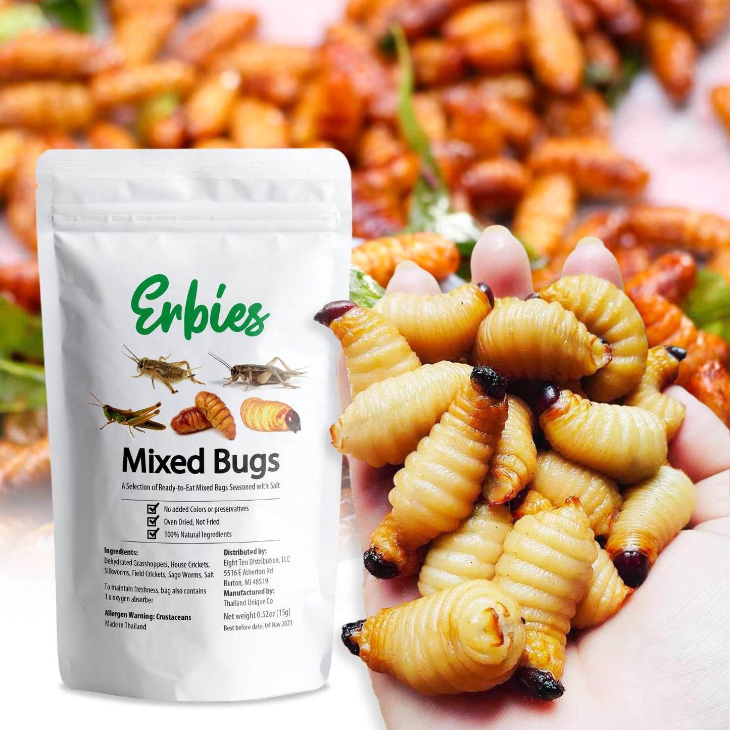Erbies Edible Bug Mixed Trail Mix, 15g Bag, Seasoned and Crunchy Insects, Crickets, Grasshoppers, Silkworm Pupae, and Sago Worms