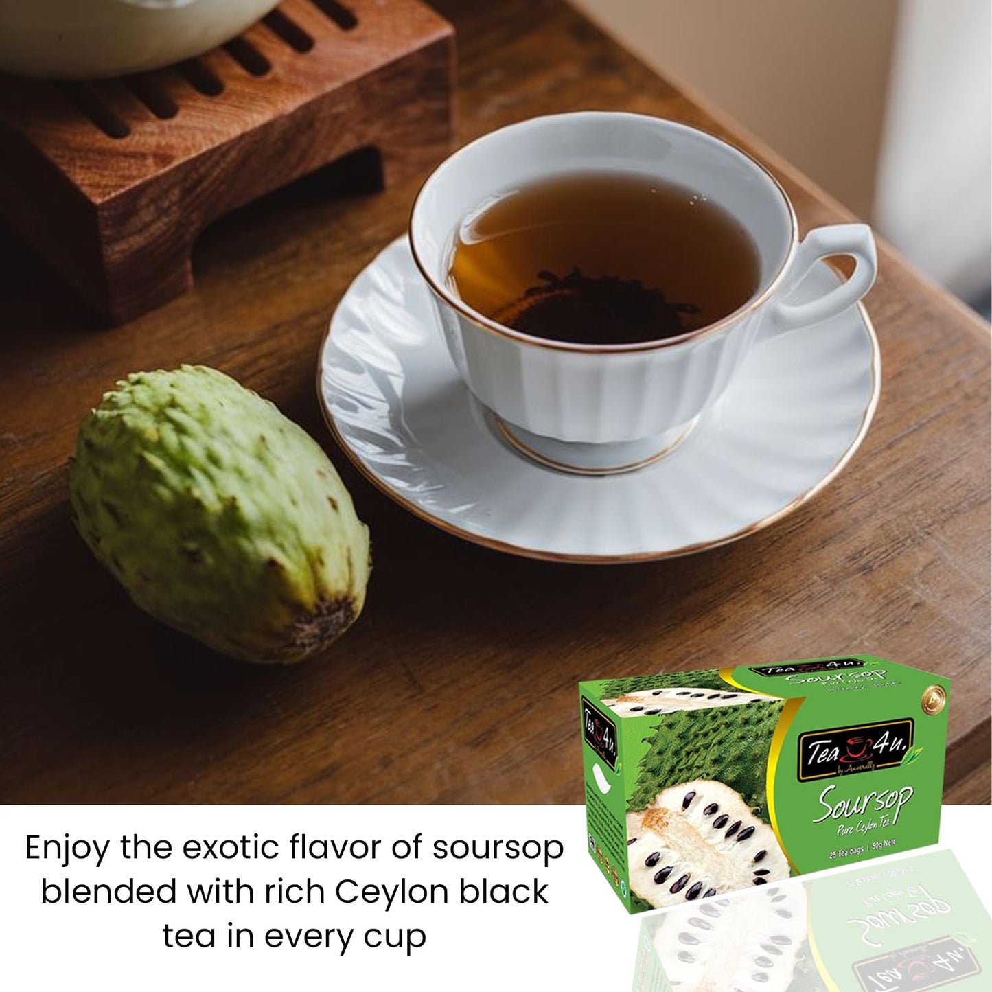TEA 4U Flavored Black Ceylon Tea Bags - Soursop Flavor - 25 Count - Quality from Sri Lanka