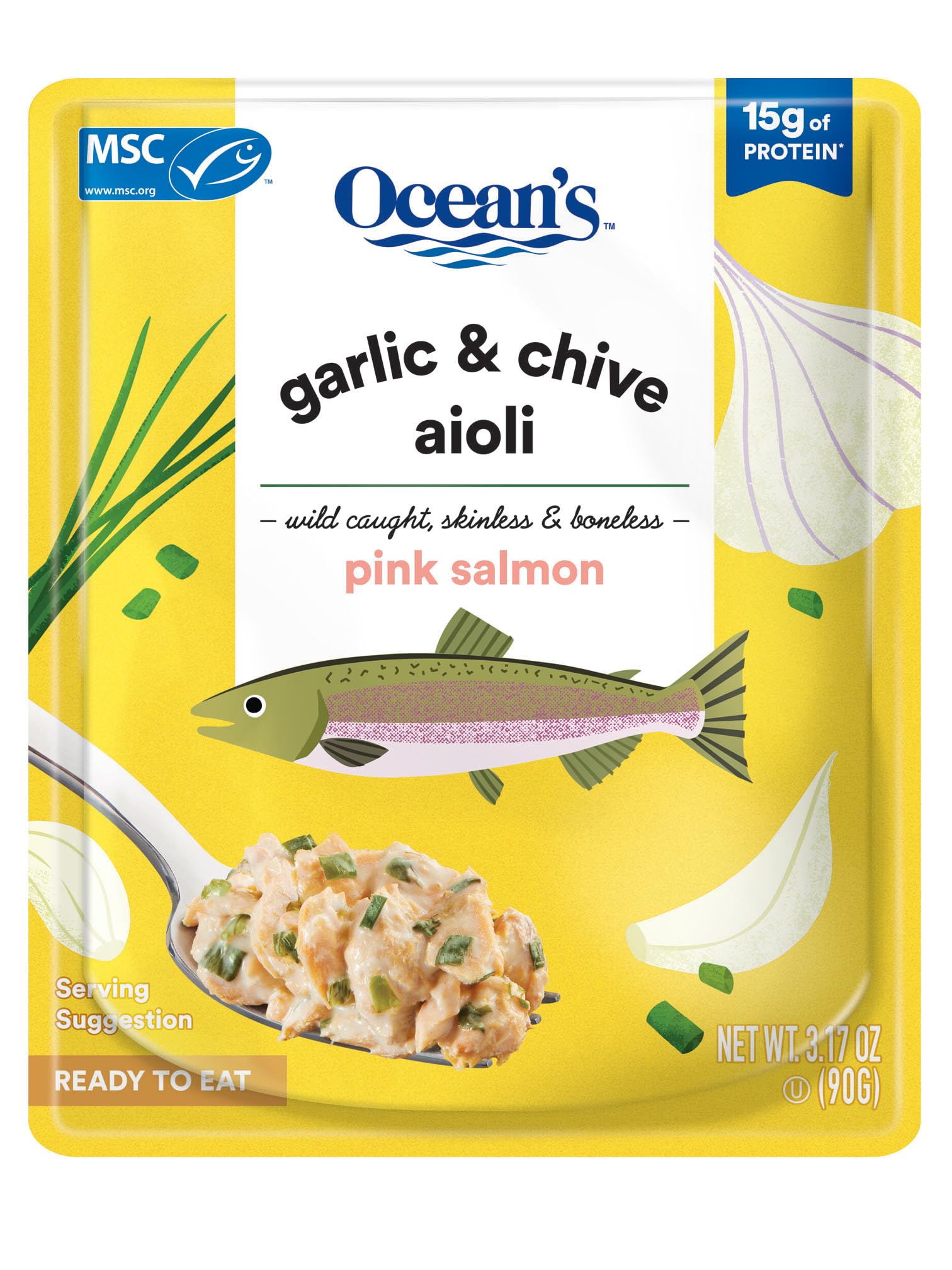 Ocean's Garlic & Chive Aioli w/Pink Salmon | 3.17 oz | Wild Caught | Skinless & Bonelss | Ready-to-eat | (1 Pack, Garlic & Chive
