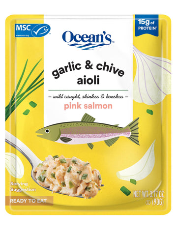 Ocean's Garlic & Chive Aioli w/Pink Salmon | 3.17 oz | Wild Caught | Skinless & Bonelss | Ready-to-eat | (1 Pack, Garlic & Chive