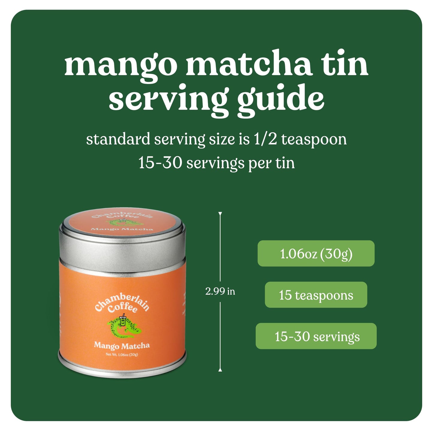 Chamberlain Coffee Mango Matcha Green Tea Powder - Tart Mango + Ceremonial Grade Matcha - Hot Or Iced - Organic, Vegan & Gluten-