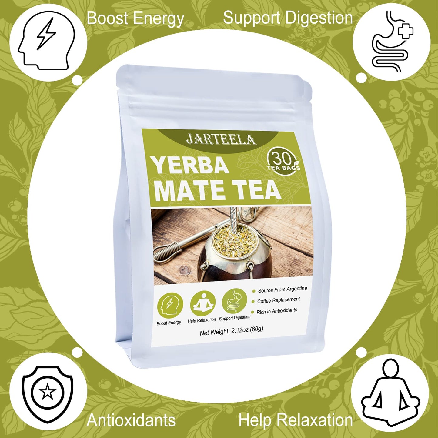 Jarteela Yerba Mate Tea Bags, Unsmoked from Argentina, 2g x 30 Count, Perfect Coffee Replacement