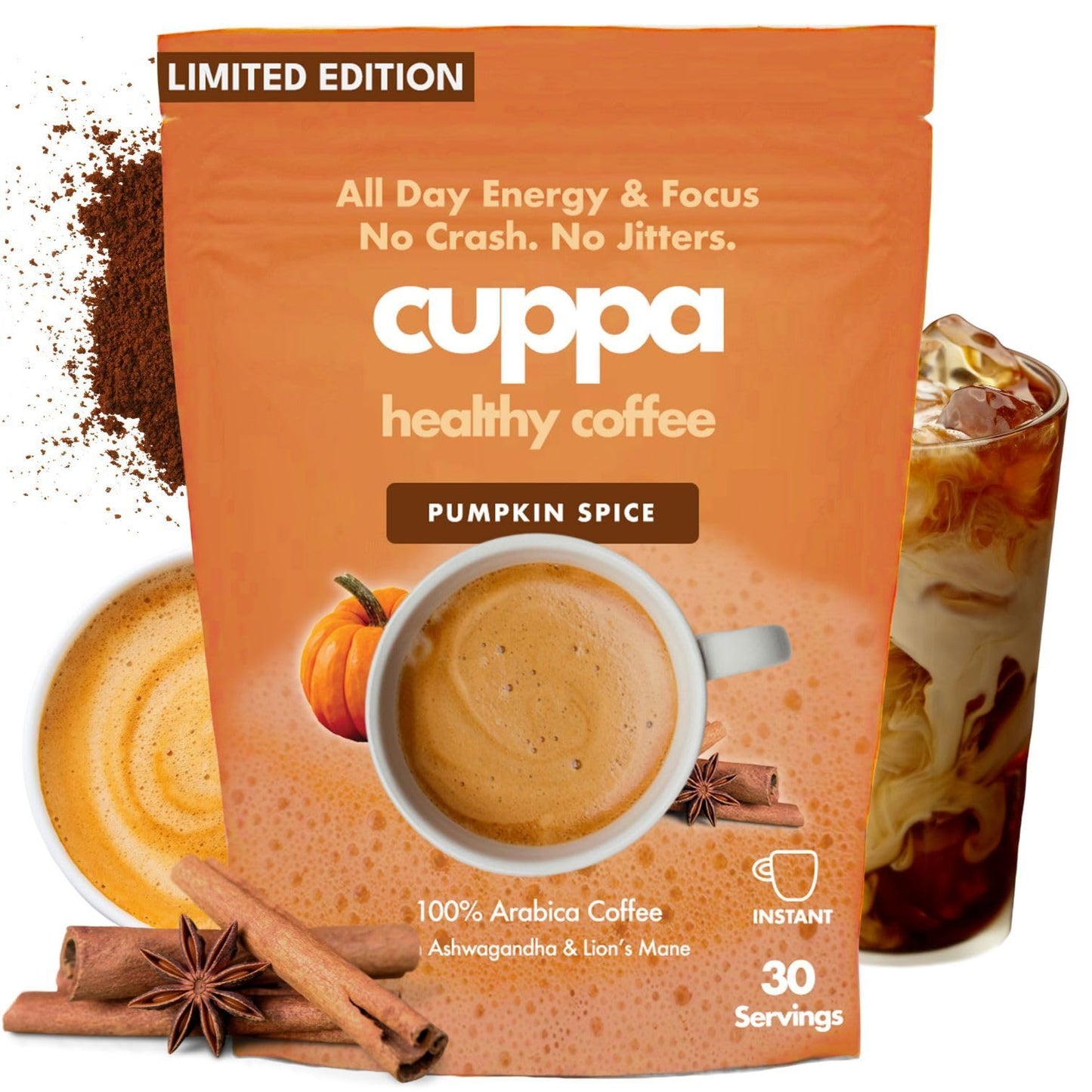 Cuppa Healthy Mushroom Insant Coffee with Lions Mane & Ashwagandha for All Day Energy & Focus - No Crash or Jitters - Nootropics for Brain Health  Gut Health  Immunity  Stress  Memory + Mood (30 Servings  Pumpkin Spice)