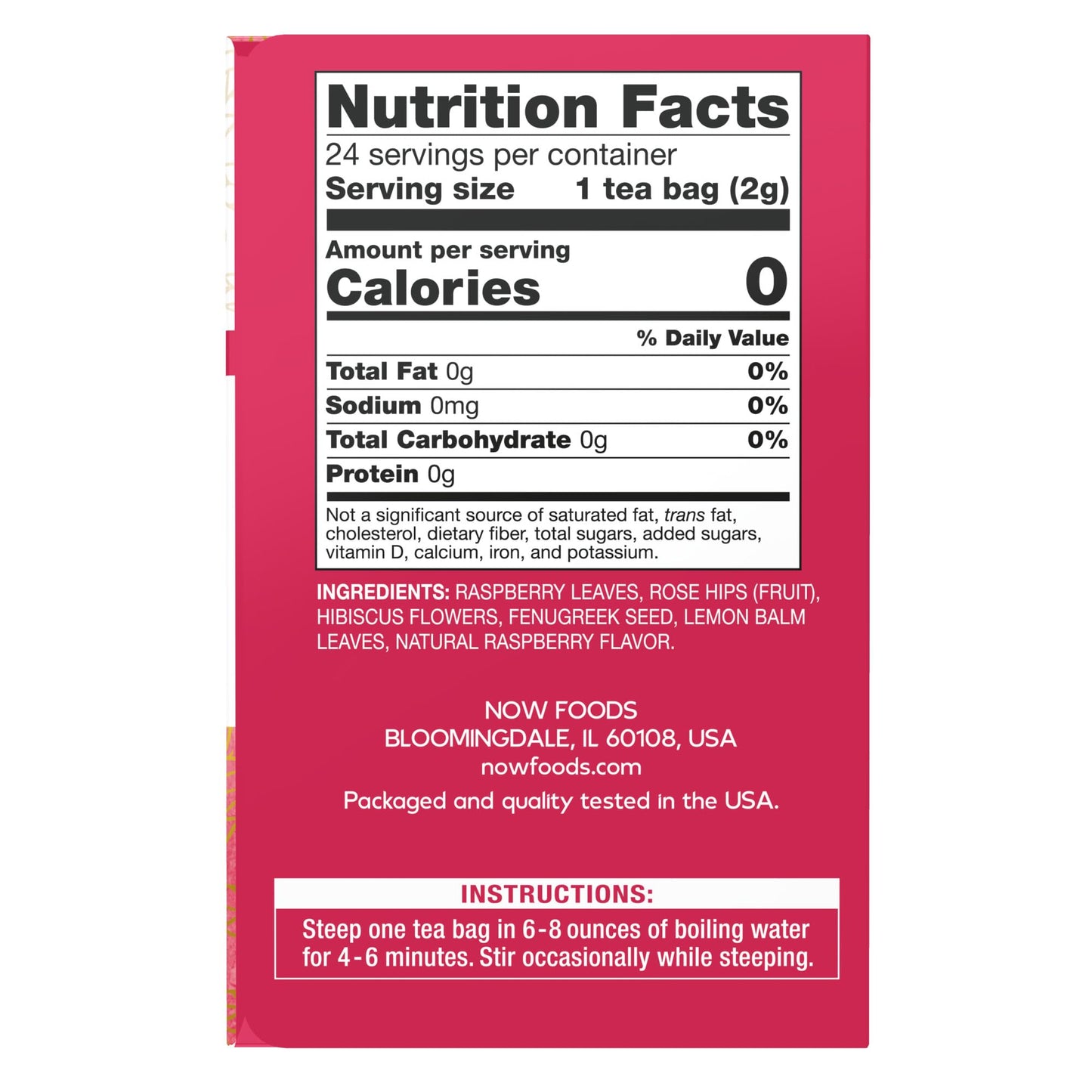 NOW Foods Womens Righteous Raspberry Tea, Caffeine-Free, 24 Premium Unbleached Tea Bags, No-Staples Design, Model 4240
