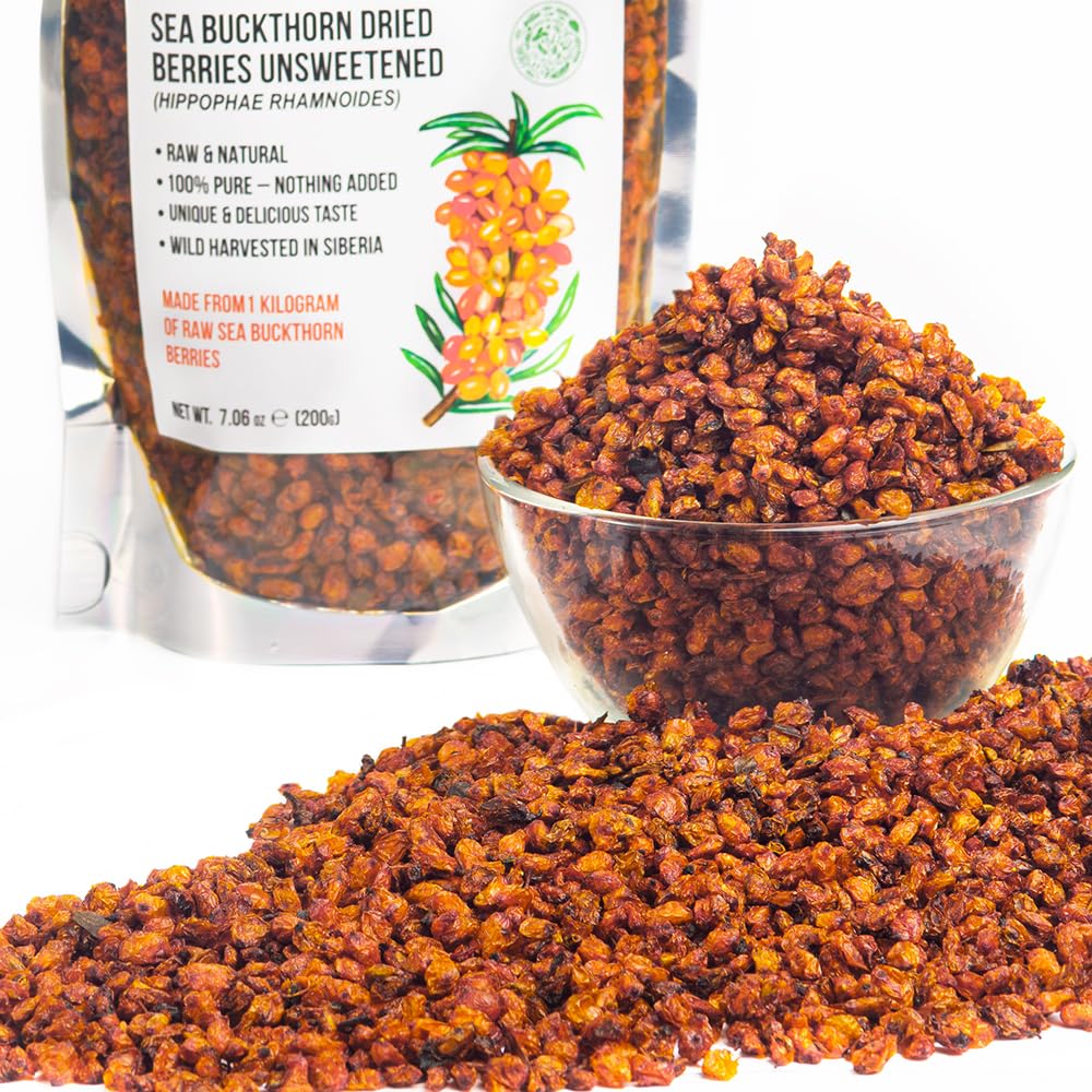 Siberian Sea Buckthorn Dried Berries 7.06 oz (200 g) Unsweetened 100% Raw Natural Wild Harvested Hippophae Fruit, No Additives, 