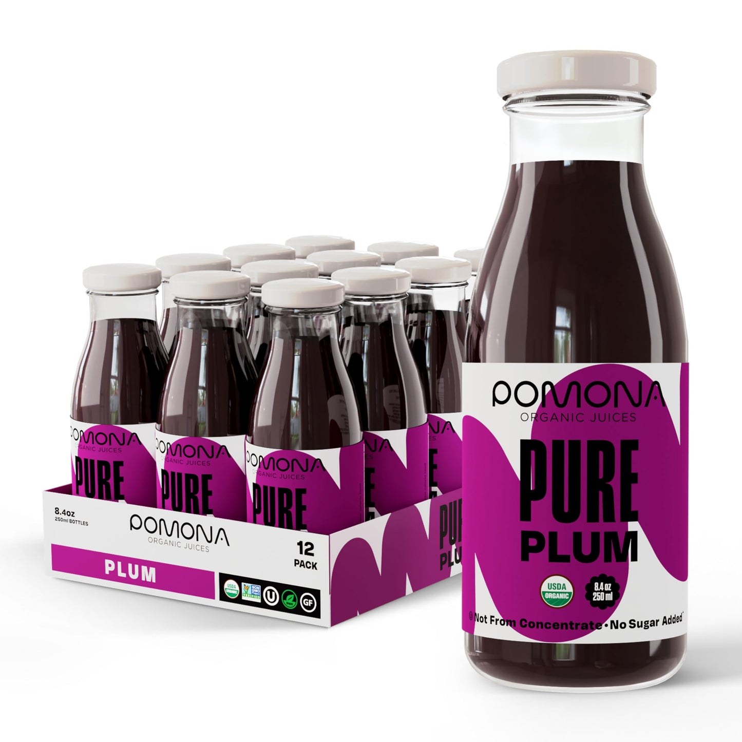 Pomona Organic Plum Juice (Pack Of 12), Cold Pressed Usda Organic Juices, 100% Plums, No Added Sugar, Not From Concentrate, Vega