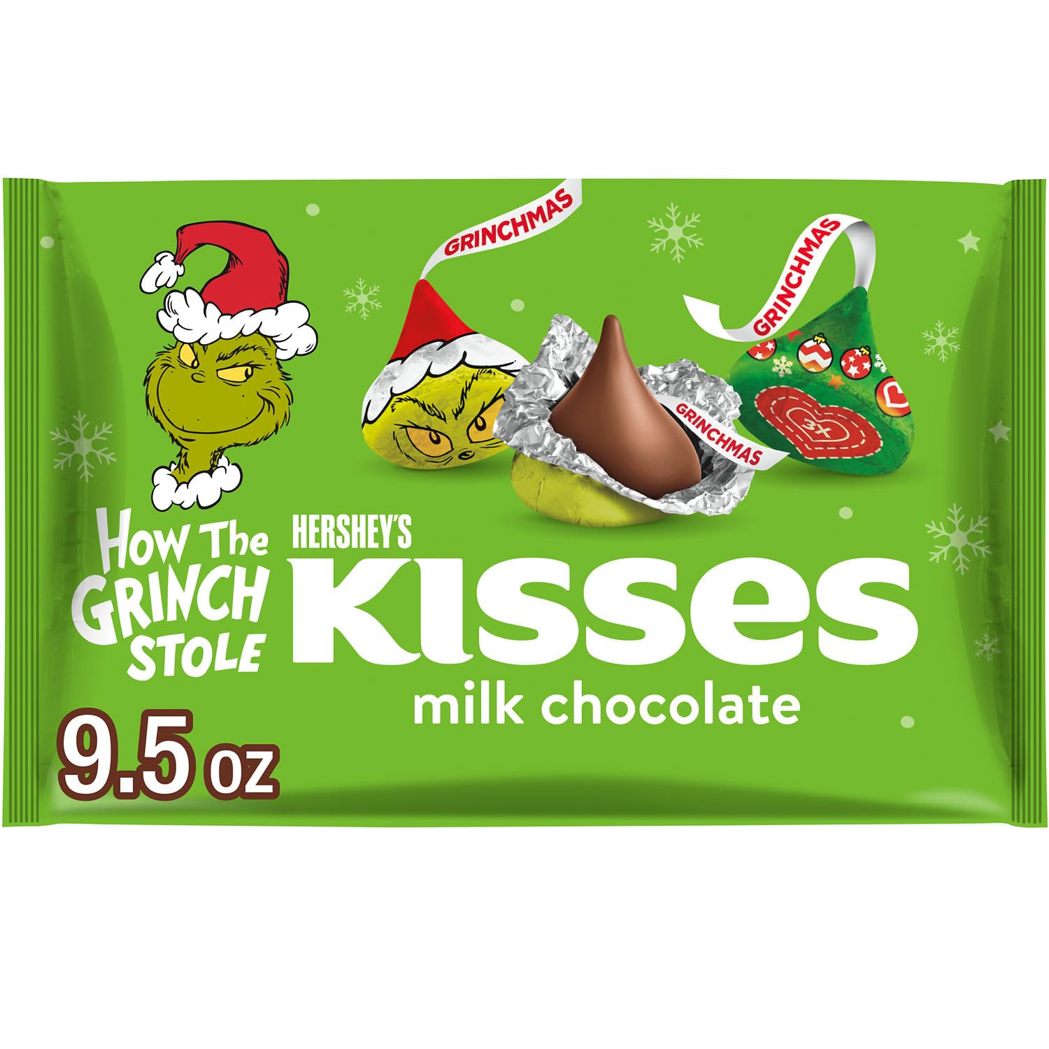 HERSHEYS KISSES Grinch Milk Chocolate, Christmas Candy Bag, 9.5 oz