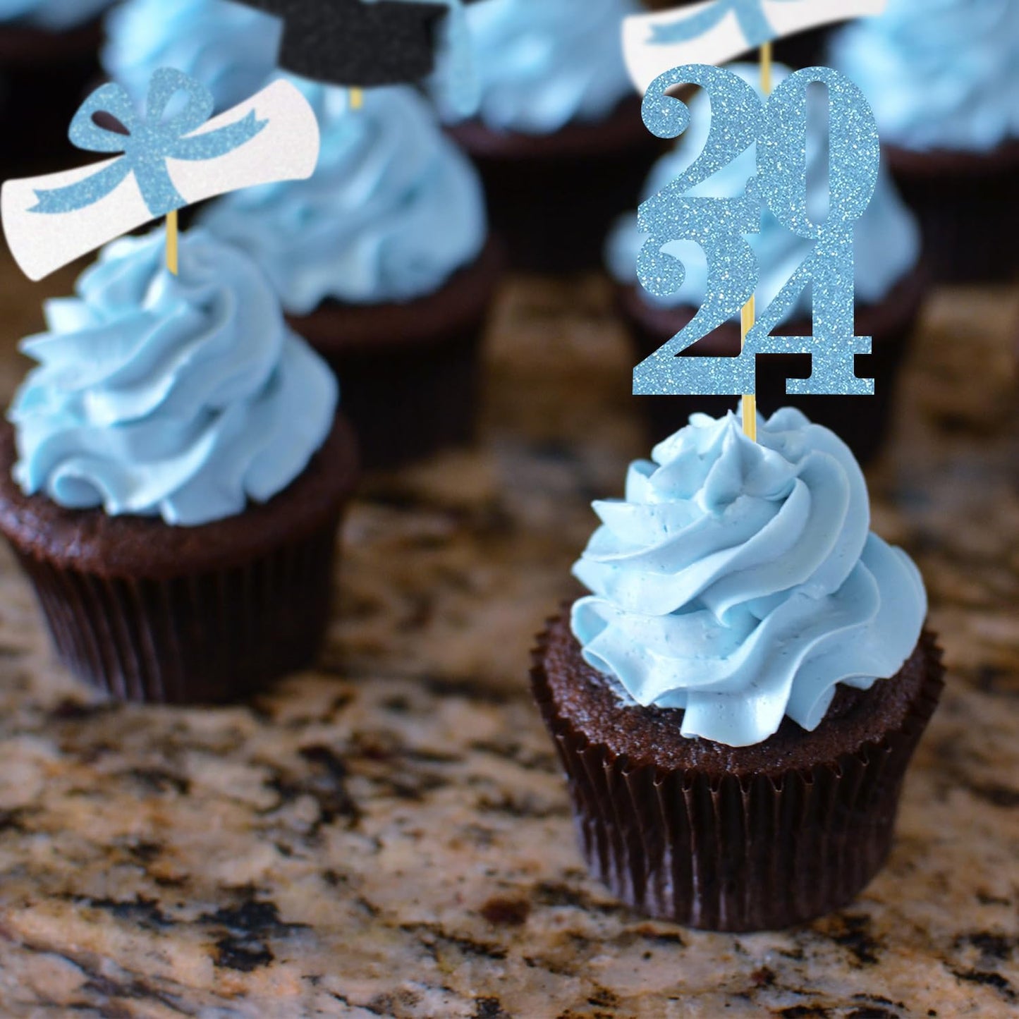 Graduation Cupcake Toppers Grad Party Decoration Food Picks Congrats Glitter Diploma Cap School Colors Supplies 24 Pcs Light Blu
