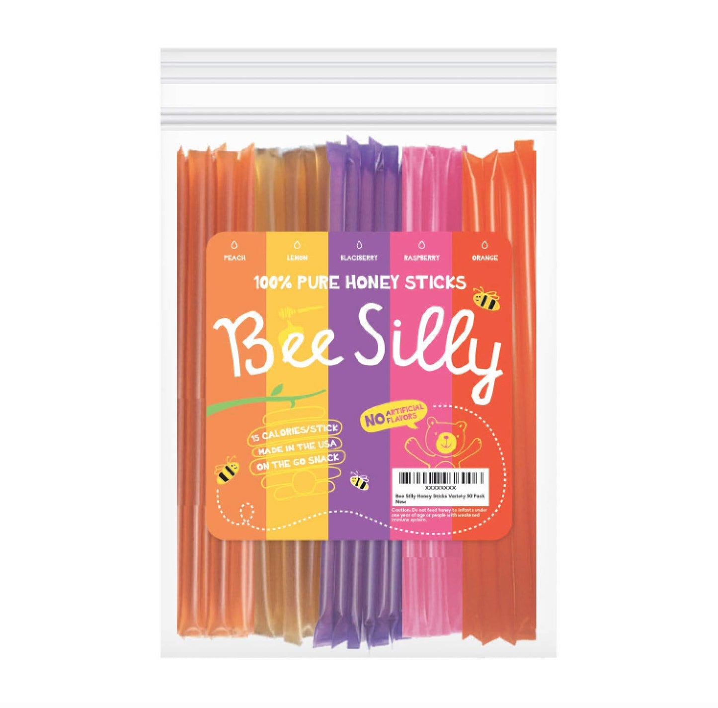 Bee Silly Honey Sticks (50 pack, Variety Pack: Lemon, Orange, Raspberry, Blackberry, Peach)