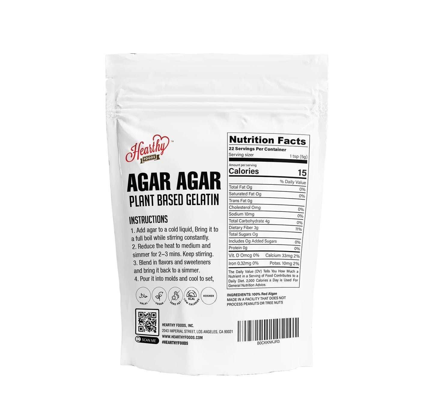 Hearthy Foods Agar Agar Powder (4Oz) Vegan Gelatin Substitute, Certified Halal, Kosher, Gluten-Free, Non-Gmo, 100%, Sugar-Free,