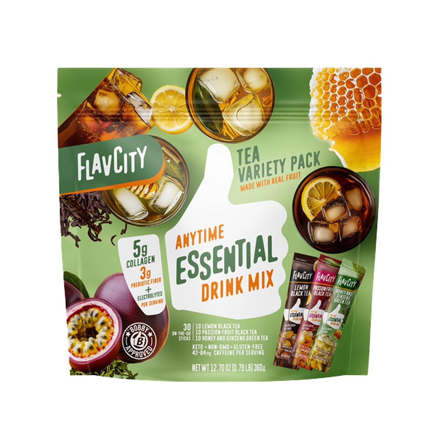 FlavCity Anytime Essential Tea Variety Pack - Powder Drink Mix Packets with Collagen - Black & Green Tea Water Flavoring Packets