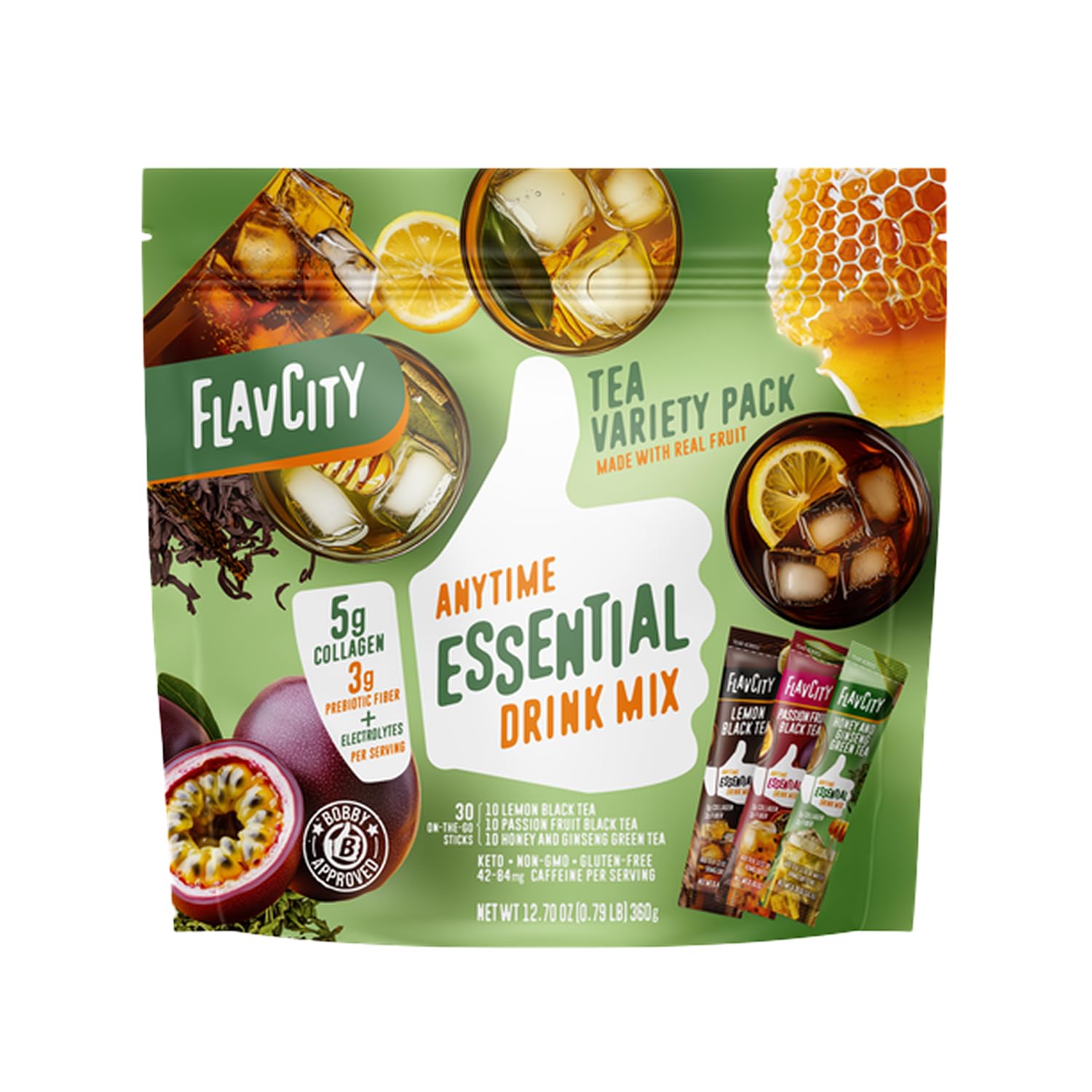 FlavCity Anytime Essential Tea Variety Pack - Powder Drink Mix Packets with Collagen - Black & Green Tea Water Flavoring Packets