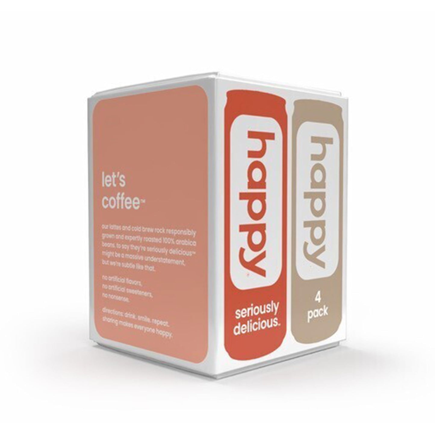 happy coffee canned mocha, caramel, vanilla latte, 11 oz. cans, 4 count, 100% arabica beans, no artificial flavors or sweeteners