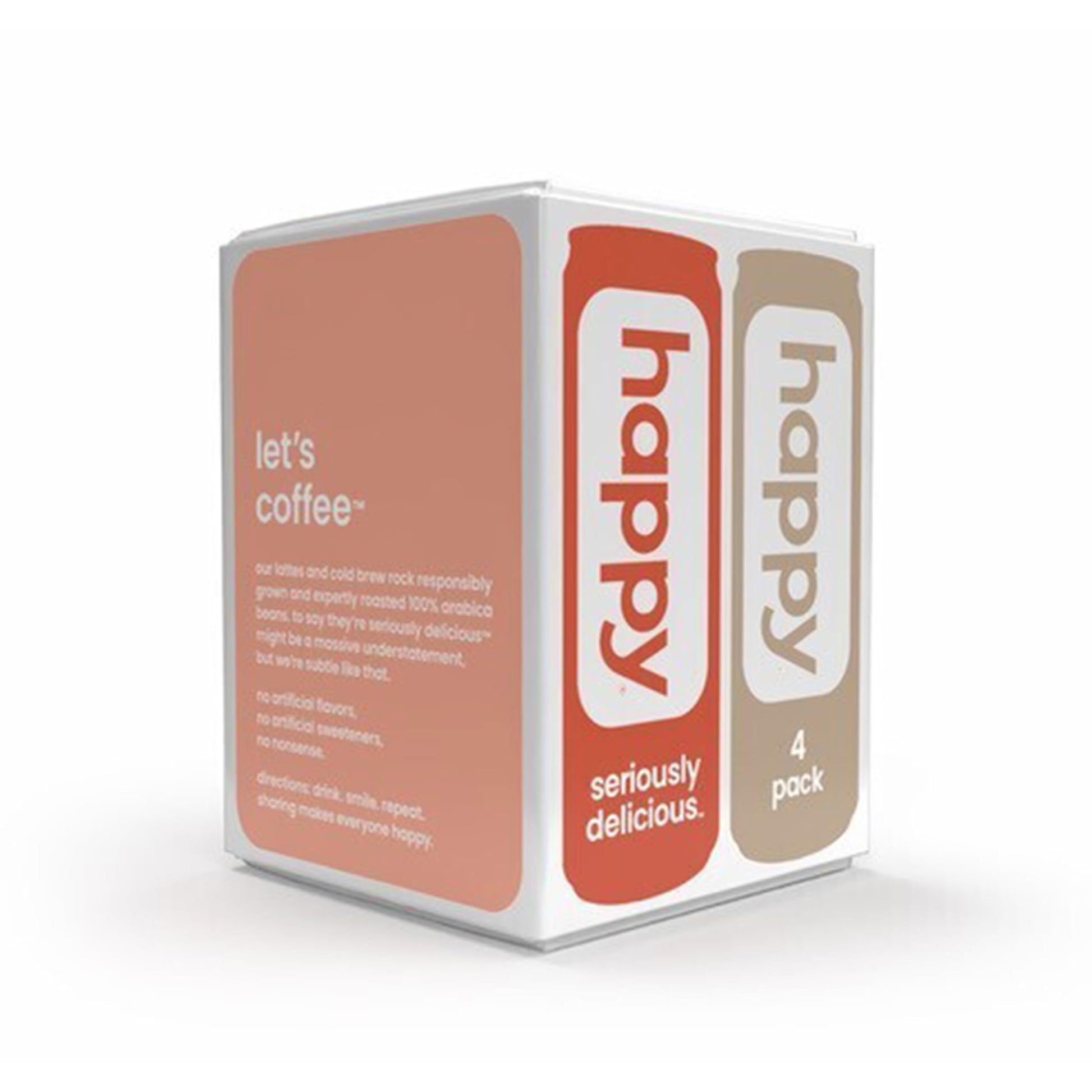 happy coffee canned mocha, caramel, vanilla latte, 11 oz. cans, 4 count, 100% arabica beans, no artificial flavors or sweeteners