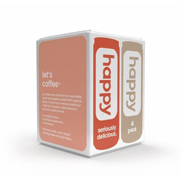 happy coffee canned mocha, caramel, vanilla latte, 11 oz. cans, 4 count, 100% arabica beans, no artificial flavors or sweeteners