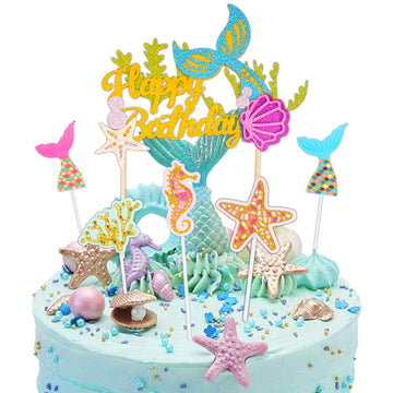 Diyasy Glitter Mermaid Cake Toppers, 6 Pack Happy Birthday Cake Decoration For Girls Party And Baby Shower