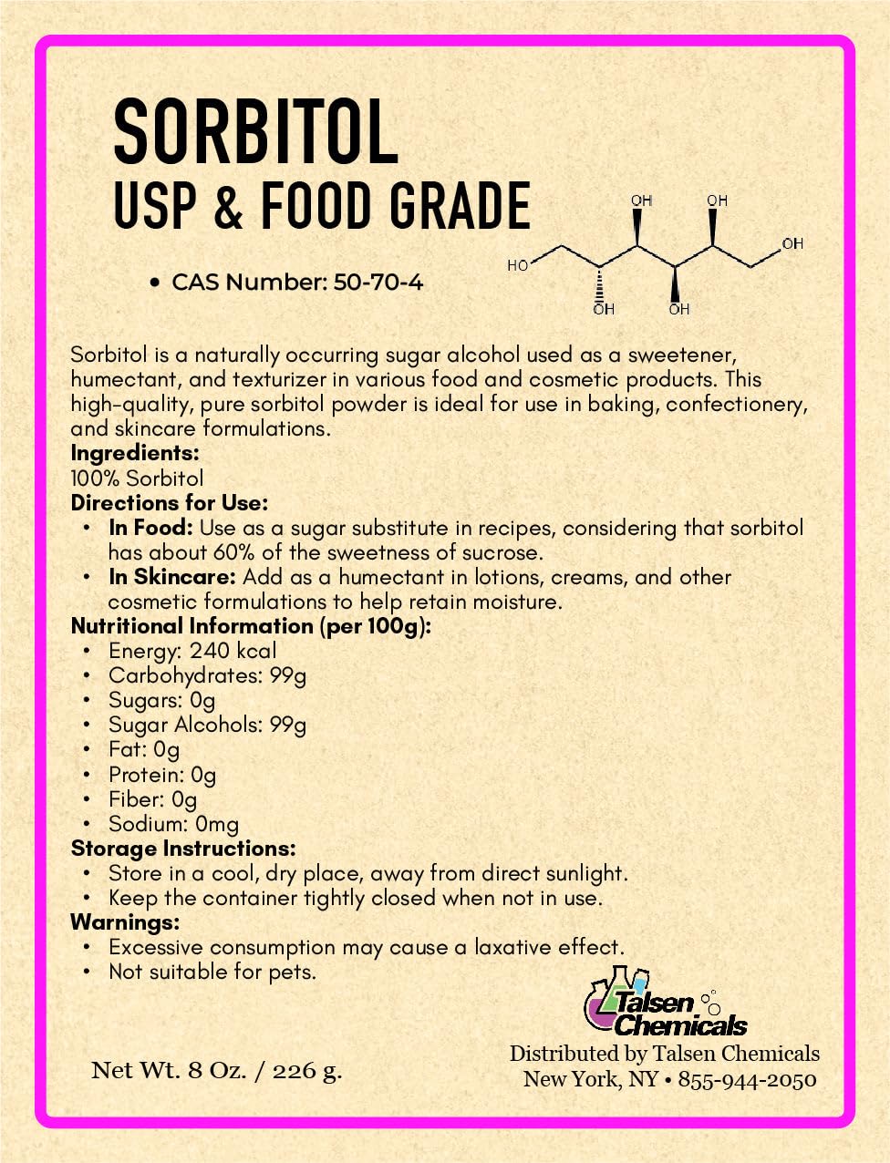 Talsen Chemicals Pure Sorbitol Powder - 16 Oz - Low Calorie Sweetener for Baking and Skincare