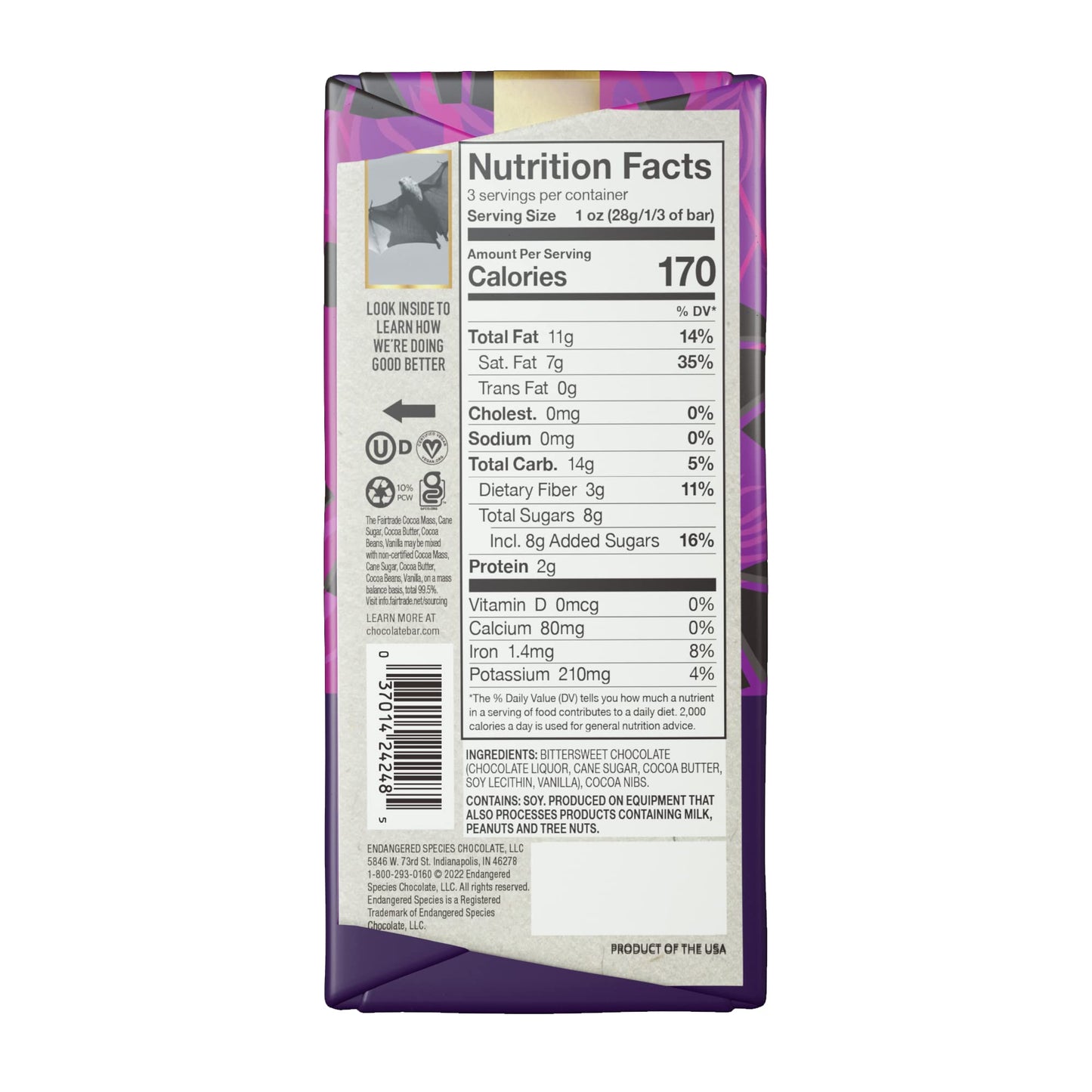 Endangered Species Chocolate Dark Chocolate Bar with Cocoa Nibs, 3 Ounce, Pack of 12