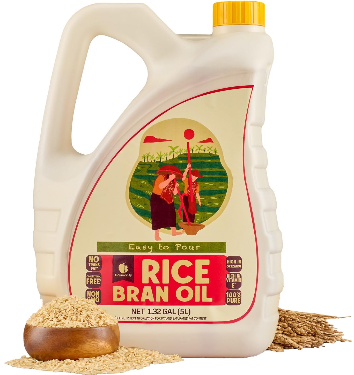 Gourmanity Rice Bran Oil, Bulk 1.32 Gallon Easy Pour Bottle, Heart Healthy Oil Made From 100% Pure Rice Bran, Perfect for Cookin
