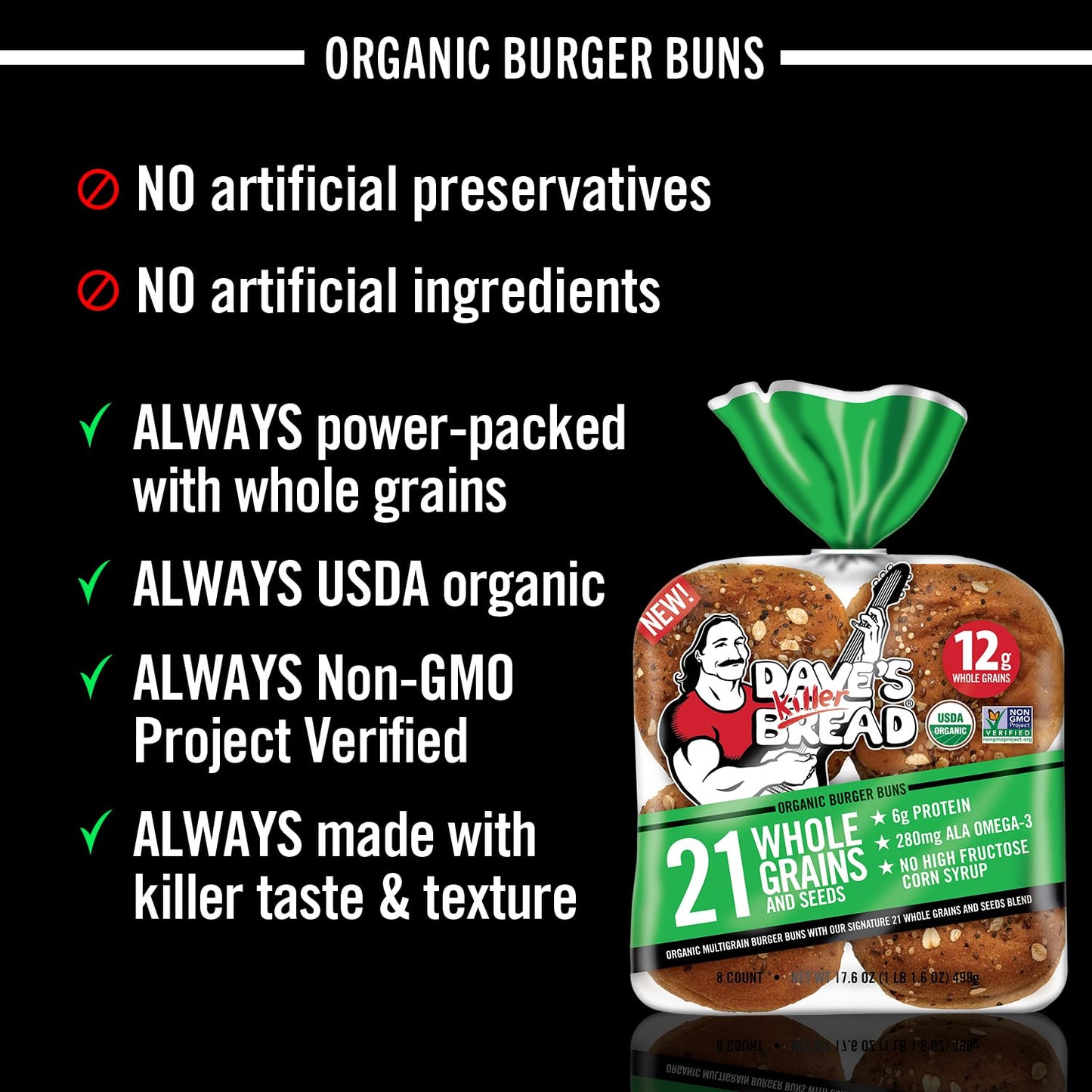 Daves Killer Bread 21 Whole Grains & Seeds Burger Buns, Organic Hamburger Buns, 8 Count