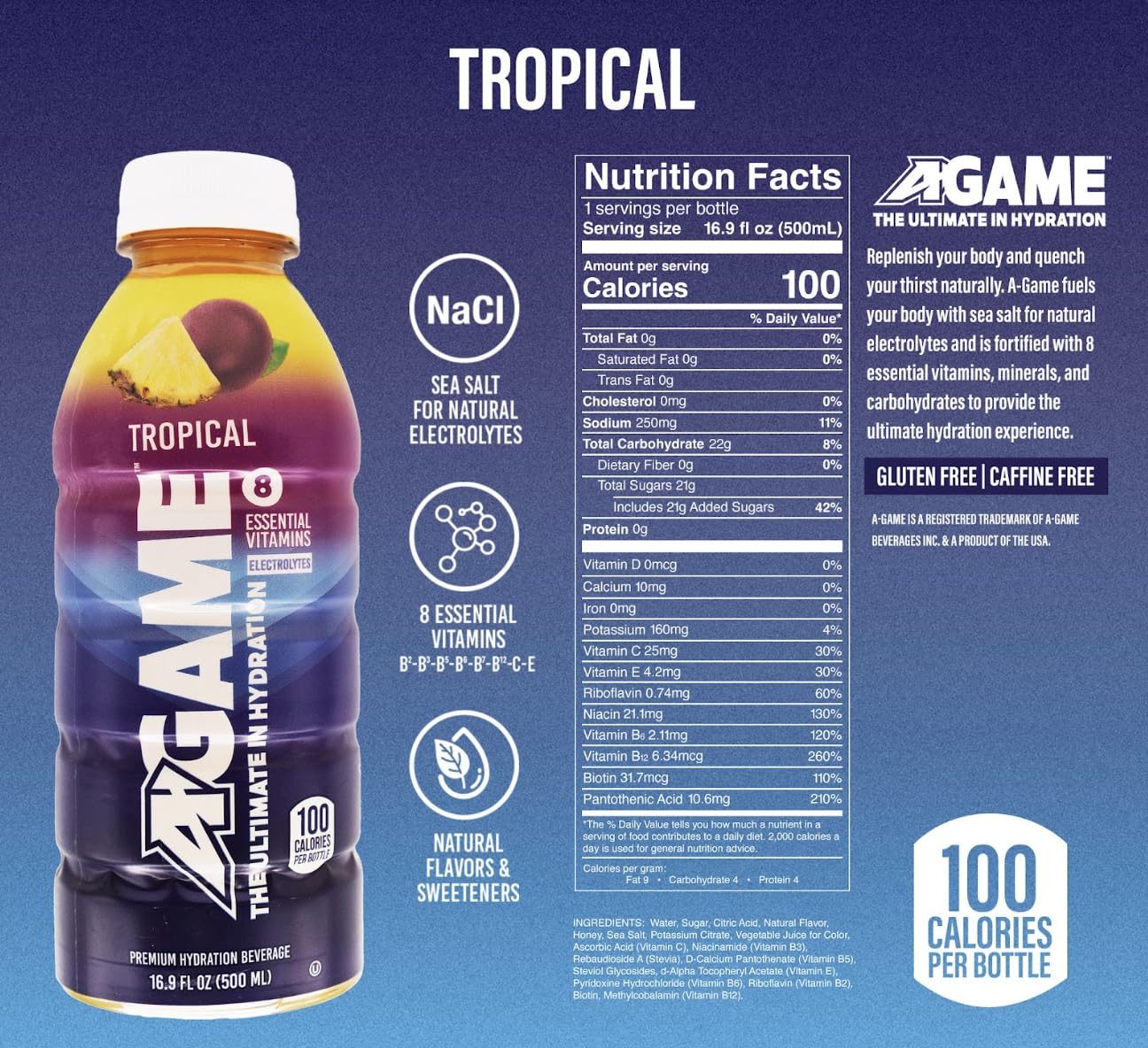 A-Game Sports Drink, Tropical, The Ultimate Hydration Sports Beverage For Athletes, 8 Essential Vitamins Including B, C, & E Plu
