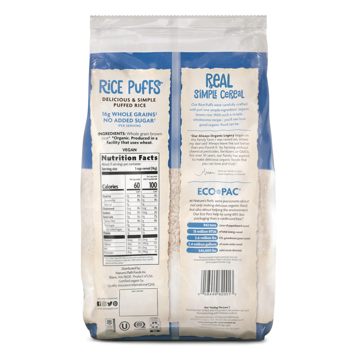 Nature'S Path Organic Rice Puffs Cereal, Earth Friendly Package, Non-Gmo, 16G Whole Grains, No Added Sugar, 6 Oz, Pack Of 12