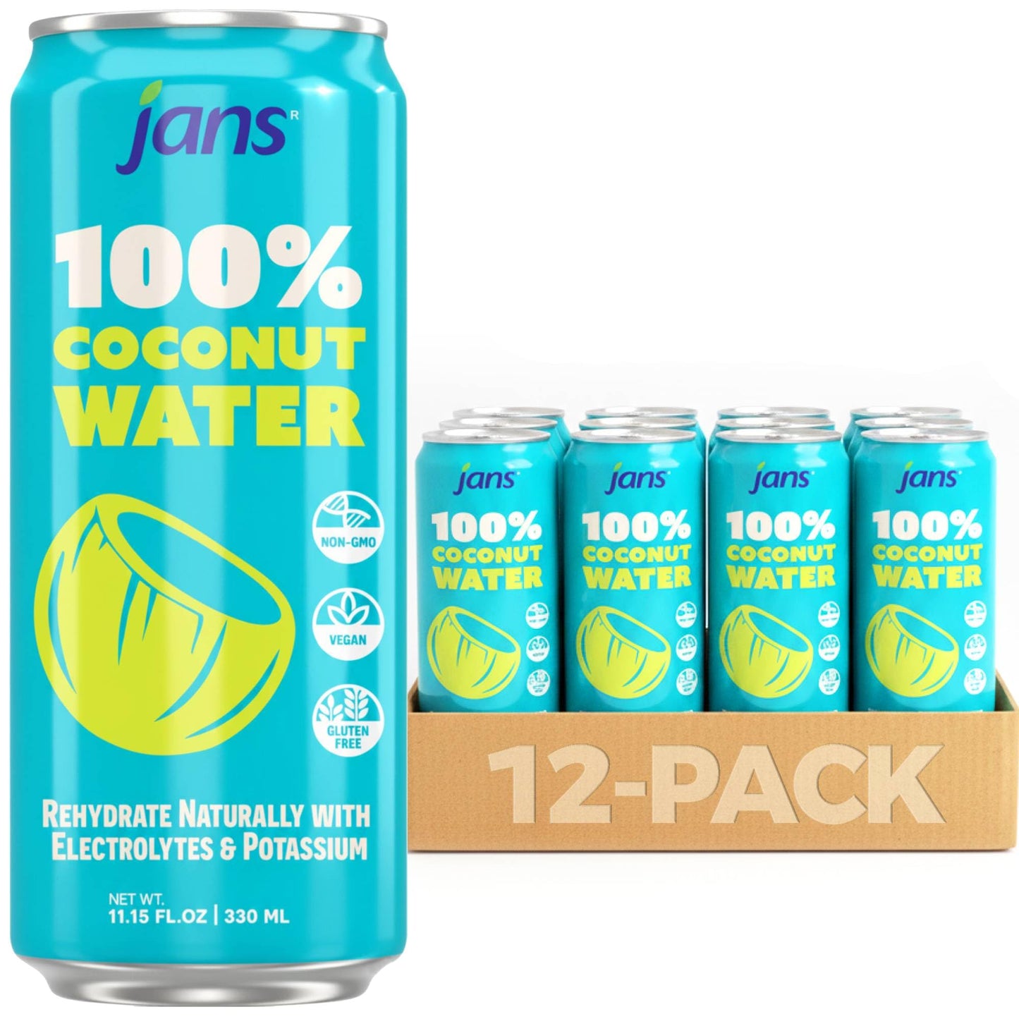 Jans 100% Coconut Water No Added Sugar 11.15oz (Pack of 12) Pure Coconut Refreshment, Vegan, Gluten-Free, Hydration with Electro