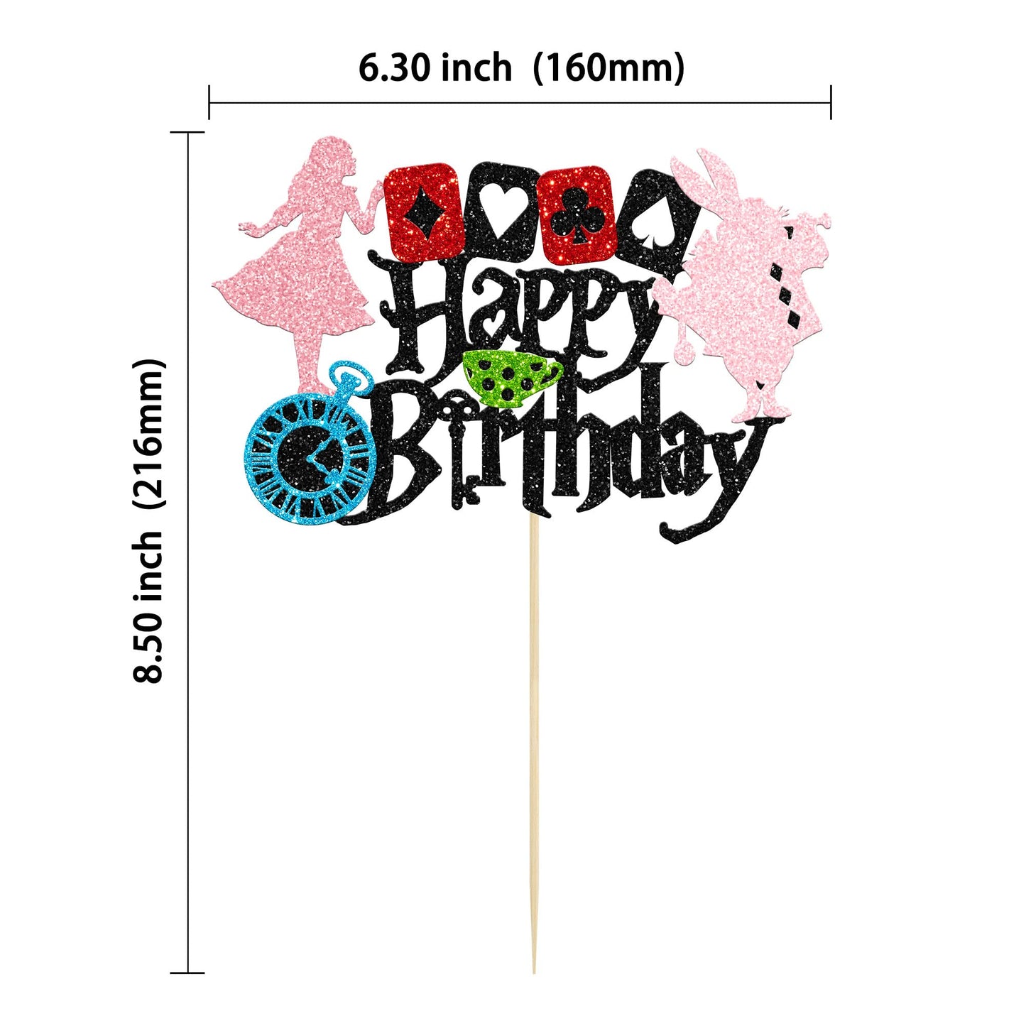 Gyufise Cake Topper - Alice in Wonderland Black Glitter Paper, Small Size, Kids Birthday, Baby Shower, Tea Party Decorations