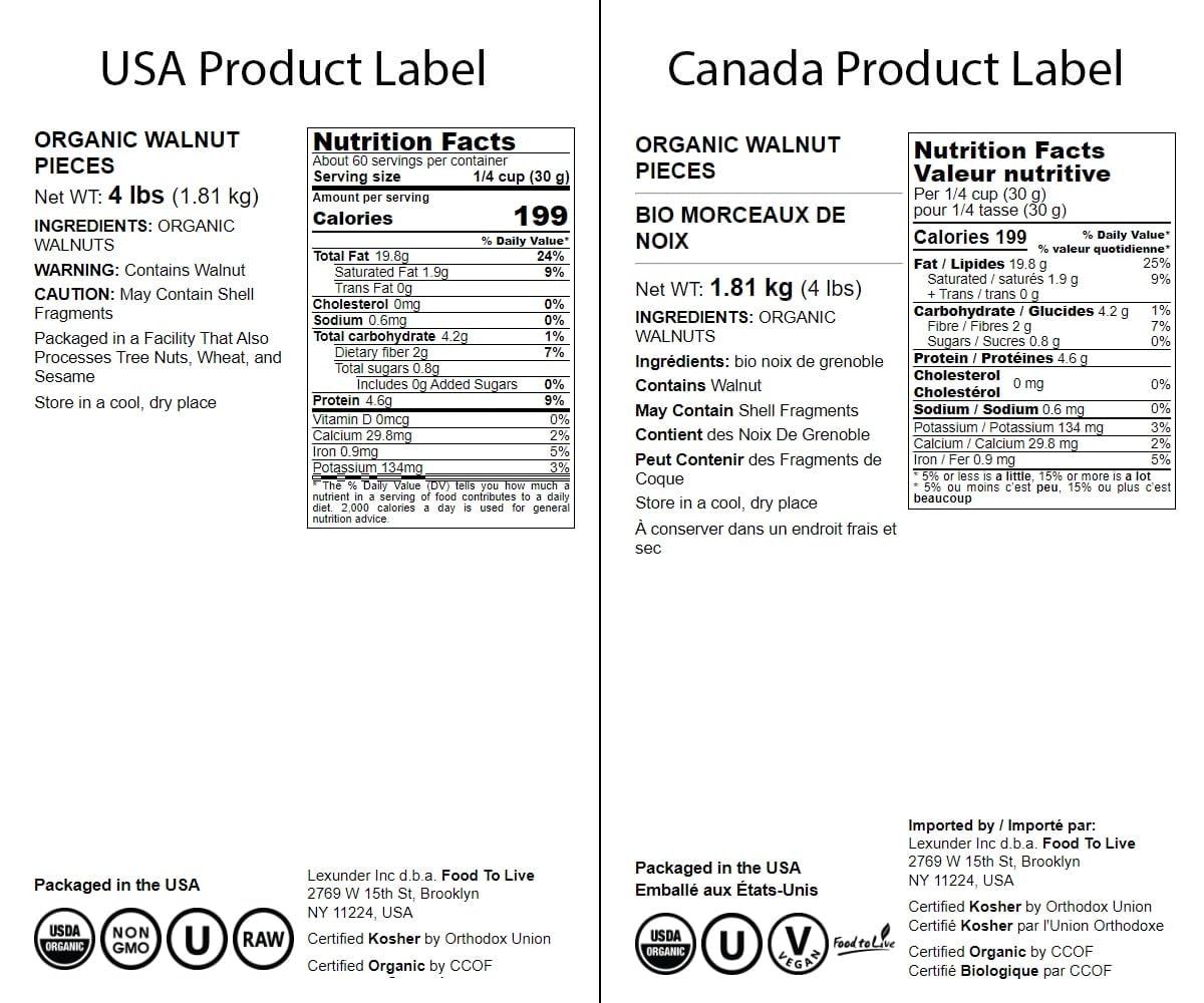 Food to Live Organic Walnut Pieces, 4 Pounds - California Chandler Variety. Medium Size. Non-GMO. Rich in Omega-3, Antioxidants,