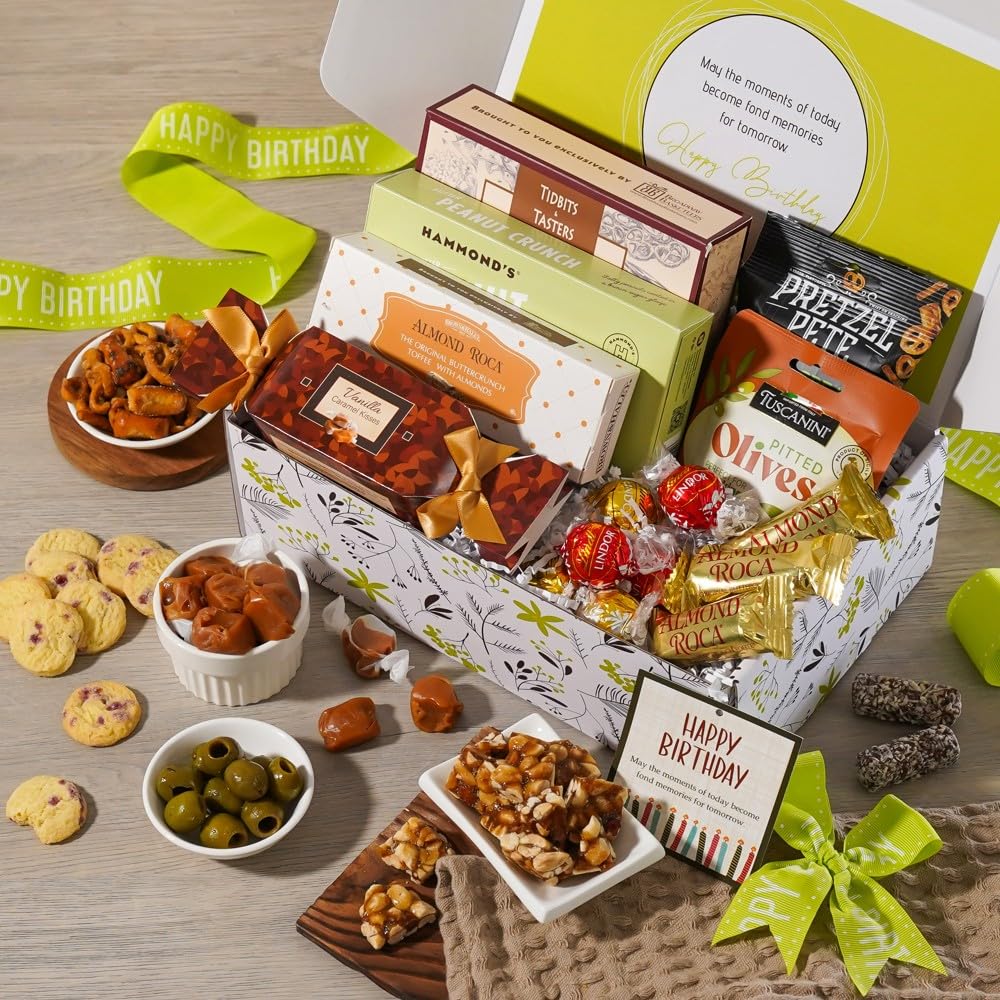 Broadway Basketeers Happy Birthday Gift Box - Gourmet Delight - Curated Snack Box - Sweet and Savory  for Parties - Birthday Presents for Women  Men  Mom  Dad  Her  Him