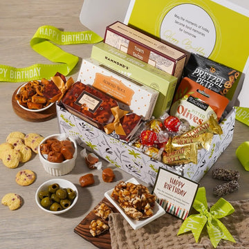Broadway Basketeers Happy Birthday Gift Box - Gourmet Delight - Curated Snack Box - Sweet and Savory  for Parties - Birthday Presents for Women  Men  Mom  Dad  Her  Him