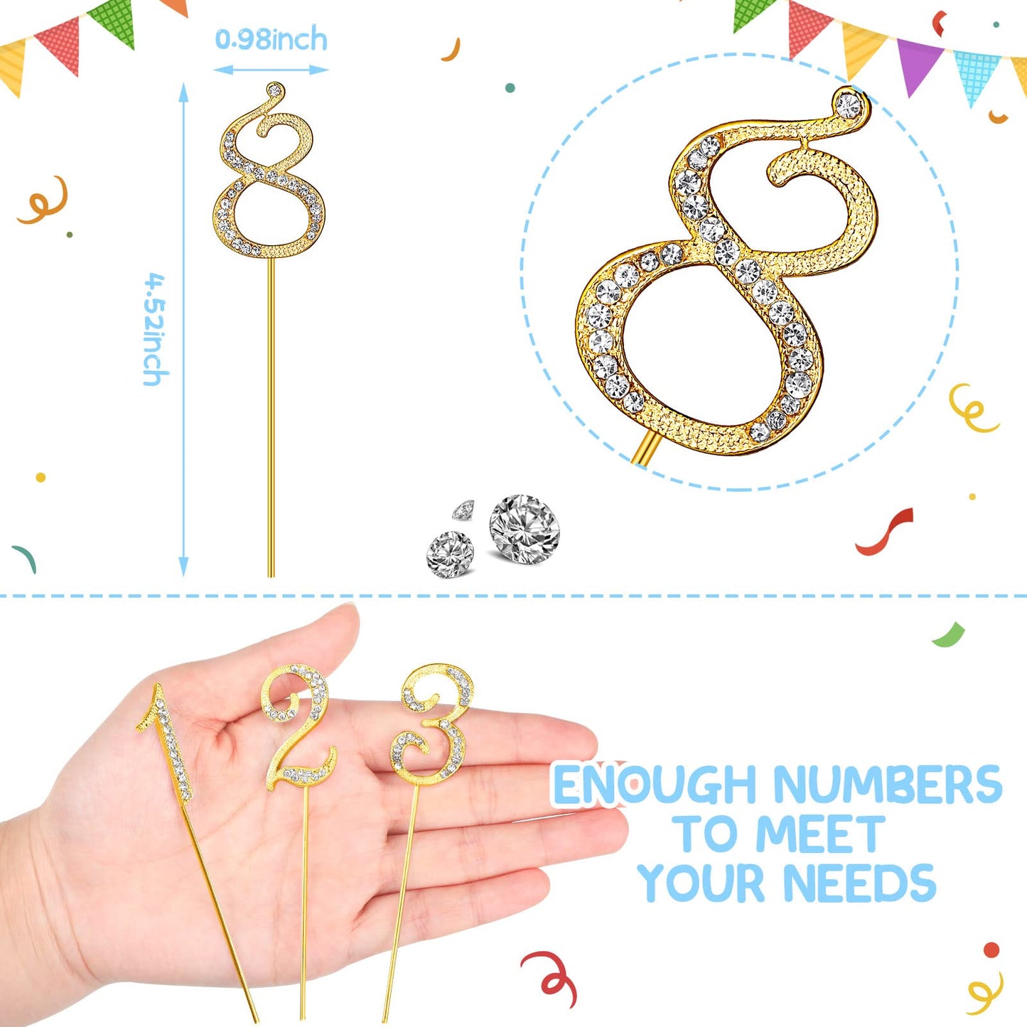 Hotop Numbers 0-9 Cake Topper Diamond Gems Birthday Cake Toppers Bling Rhinestone Cake Topper Birthday Party Decoration For Wedd