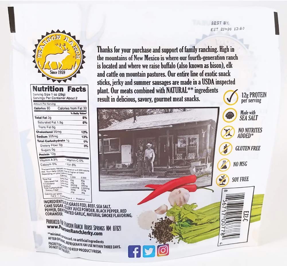 Pearson Ranch Since 1959 Grass Fed Elk Jerky Pack Of 2 Exotic Meat Jerky, Gluten-Free, Low-Carb, Msg-Free, High-Protein Grass-Fe
