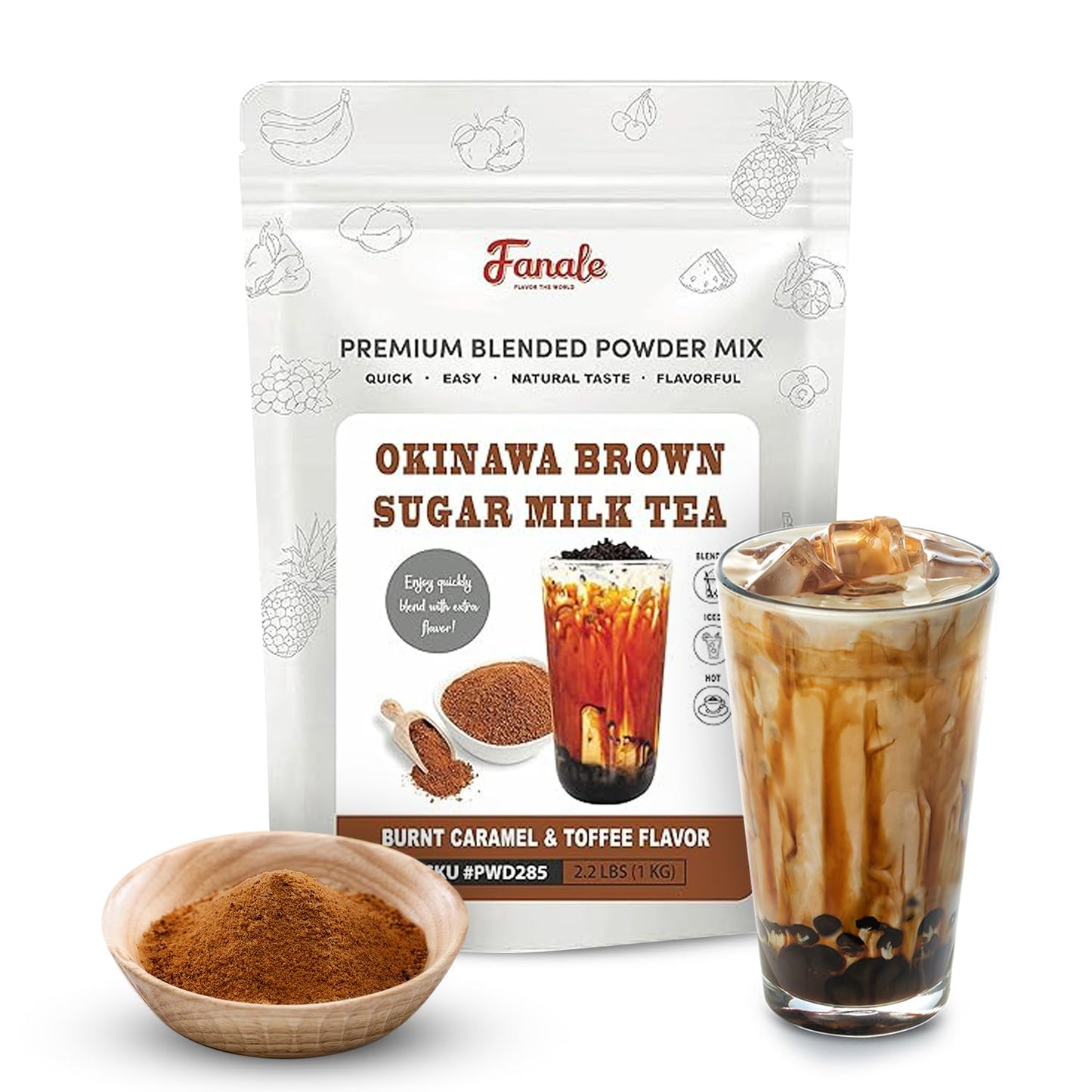 Fanale Okinawa Brown Sugar Milk Tea Flavoring Powder, 2.2 lb, Model PWD285 - Ideal for Baking, Smoothies, Desserts, and Drinks