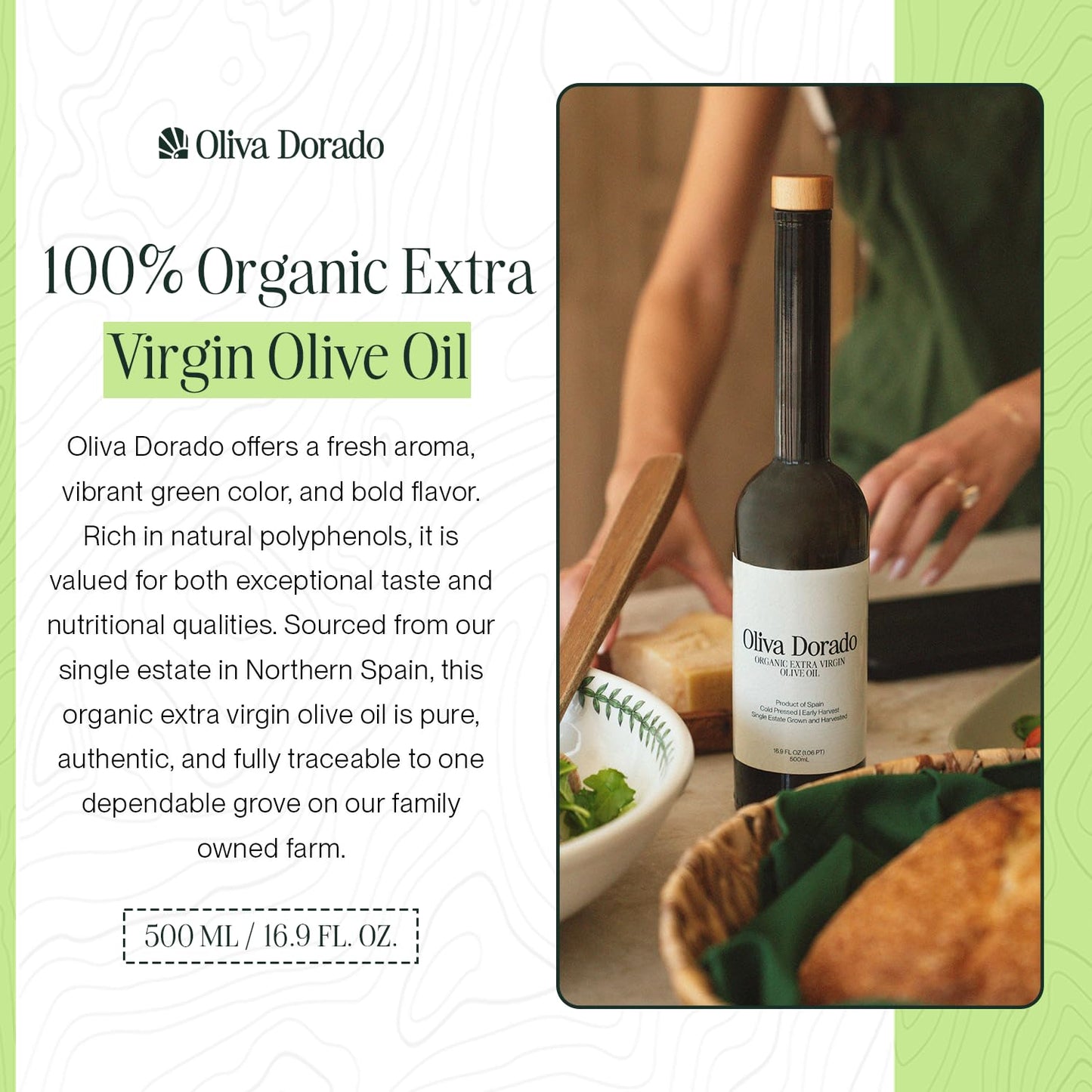 Oliva Dorado Organic Extra Virgin Olive Oil  Cold Pressed from Single Estate Spanish Olives  Polyphenol-Rich enhanced Drizzle  Early Harvest  Full-Bodied Flavor  500mL Glass Bottle