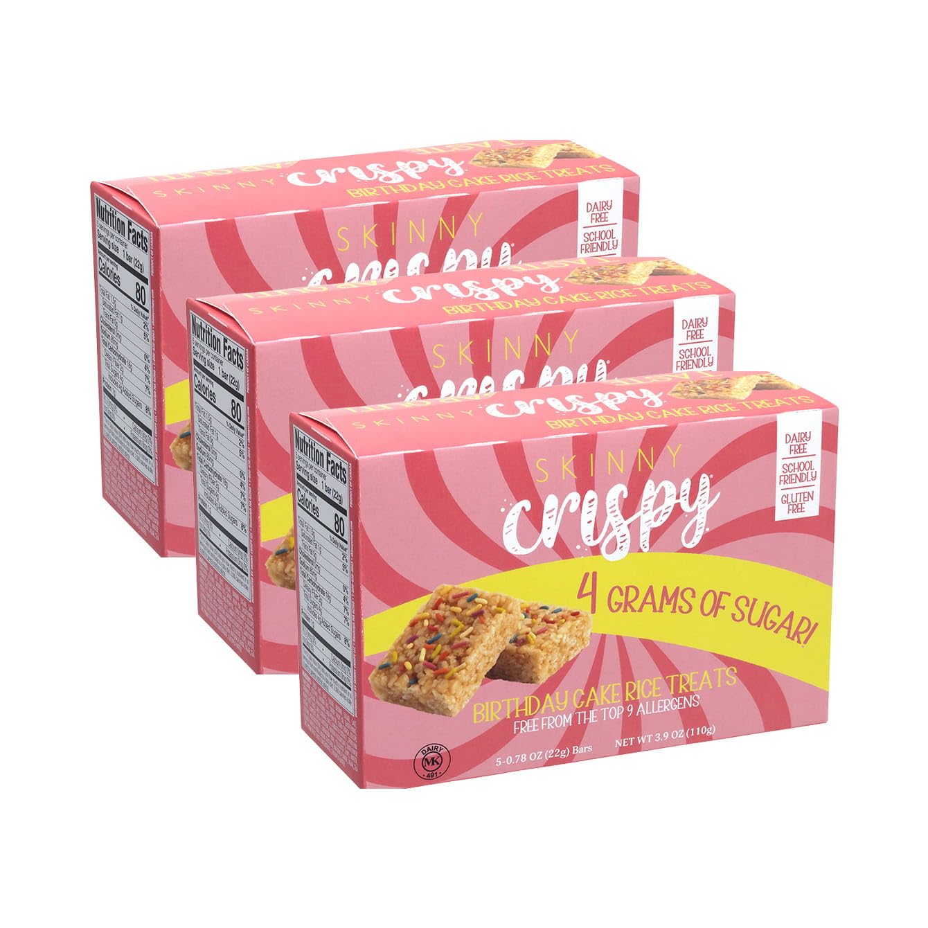 Skinny Crispy Birthday Cake Rice Treats, Vegan, Gluten-Free, Low Sugar, 18 Count (Pack of 3)