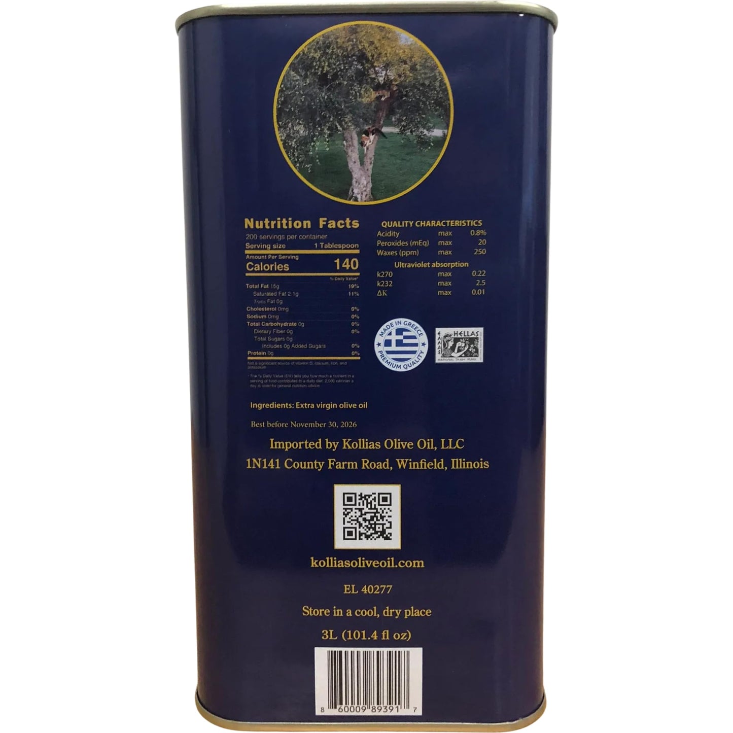 Kollias Extra Virgin Olive Oil, Early Harvest, 3L, Green