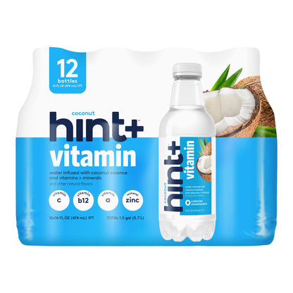 Hint+ Vitamin Coconut, Pure Water Infused with Coconut Plus a Vitamin Boost, 50% Daily Value Vitamin C, Vitamin A, B12, Zinc, Ze