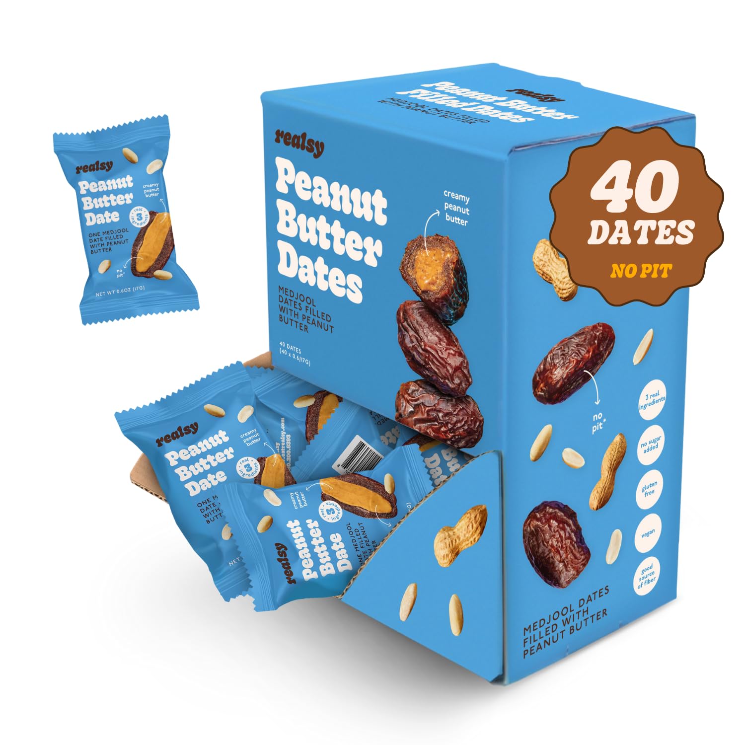 Realsy Filled Medjool Dates, Organic Dates with No Sugar Added, Gluten-Free, Vegan, All Natural Healthy Snack, Single Wrapped (4
